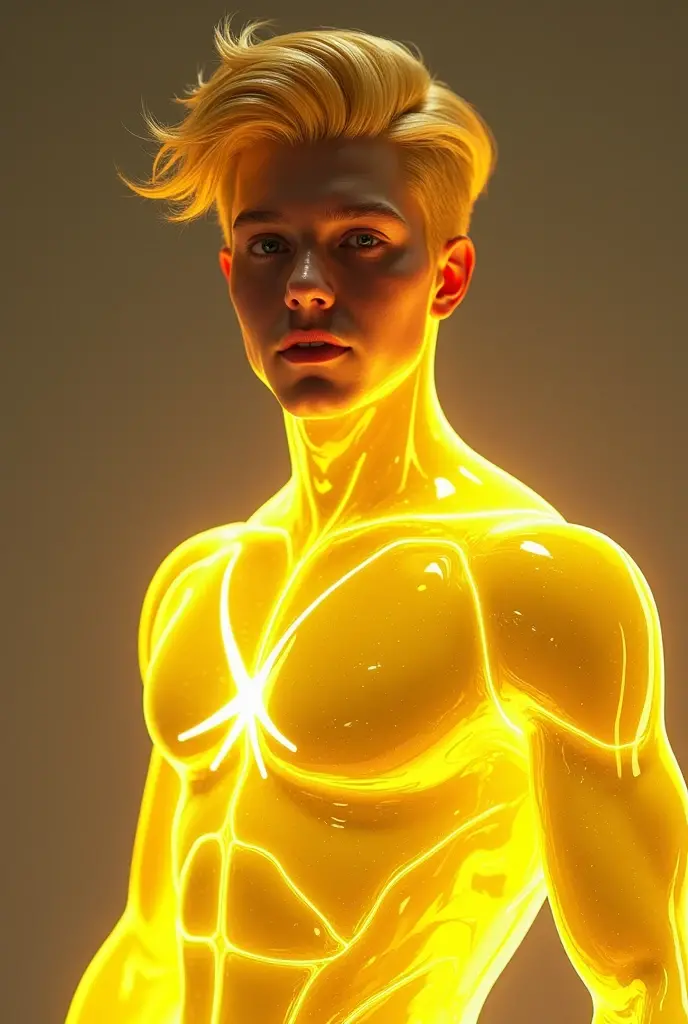 full full body photorealistic handsome hunky fractal masculine Teen titans yellow haired electric boy.. wearing yellow citrine transparent crystal chrome glass super suit , look at camera, detailed face parts,, studio as background, Freestyle Pose, Happy Expression, perfect anatomy, symmetric body,, 18 years old, :: high detail, a lean athletic body, realistic, human skin, extremely detailed fingers, chad chin,, masculine, human skin, (eyes contact), gorgeous, Attractive. super bulges in action