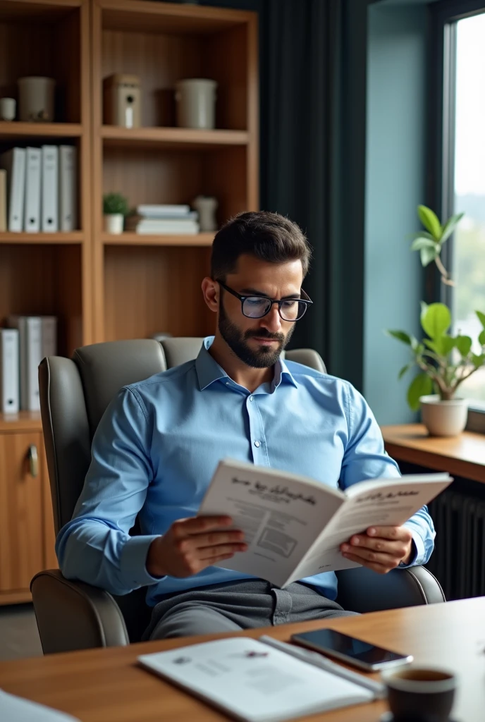 Prompt :
"Un bureau moderne avec des détails en bois élégants. Un homme arabe réaliste (35 ans) assis sur une chaise de bureau confortable, portant une chemise formelle bleu clair et un pantalon gris avec des lunettes de lecture. Ses mains tiennent un magazine ouvert orienté vers le spectateur. Le magazine a une couverture blanche avec un texte arabe clair en police 'Naskh' : 'الفرع النقابي لوكالة العقارية سهيدة * مباركي *هشام', accompagné d'une petite icône de maison à côté du titre. L'arrière-plan du bureau comprend des étagères avec des dossiers et des fournitures de bureau, une plante verte sur le bureau et une fenêtre latérale laissant entrer une lumière naturelle à travers des rideaux transparents. Sur le bureau : une tasse de café turc, un smartphone et un carnet de notes ouvert. Un éclairage doux avec des ombres réalistes pour ajouter de la profondeur. Des détails de décoration arabe : un petit tapis orné de motifs arabes et un cadre artistique au mur. Des tons chauds de bois combinés à des accents bleu clair. Style ultra-détaillé et photoréaliste."