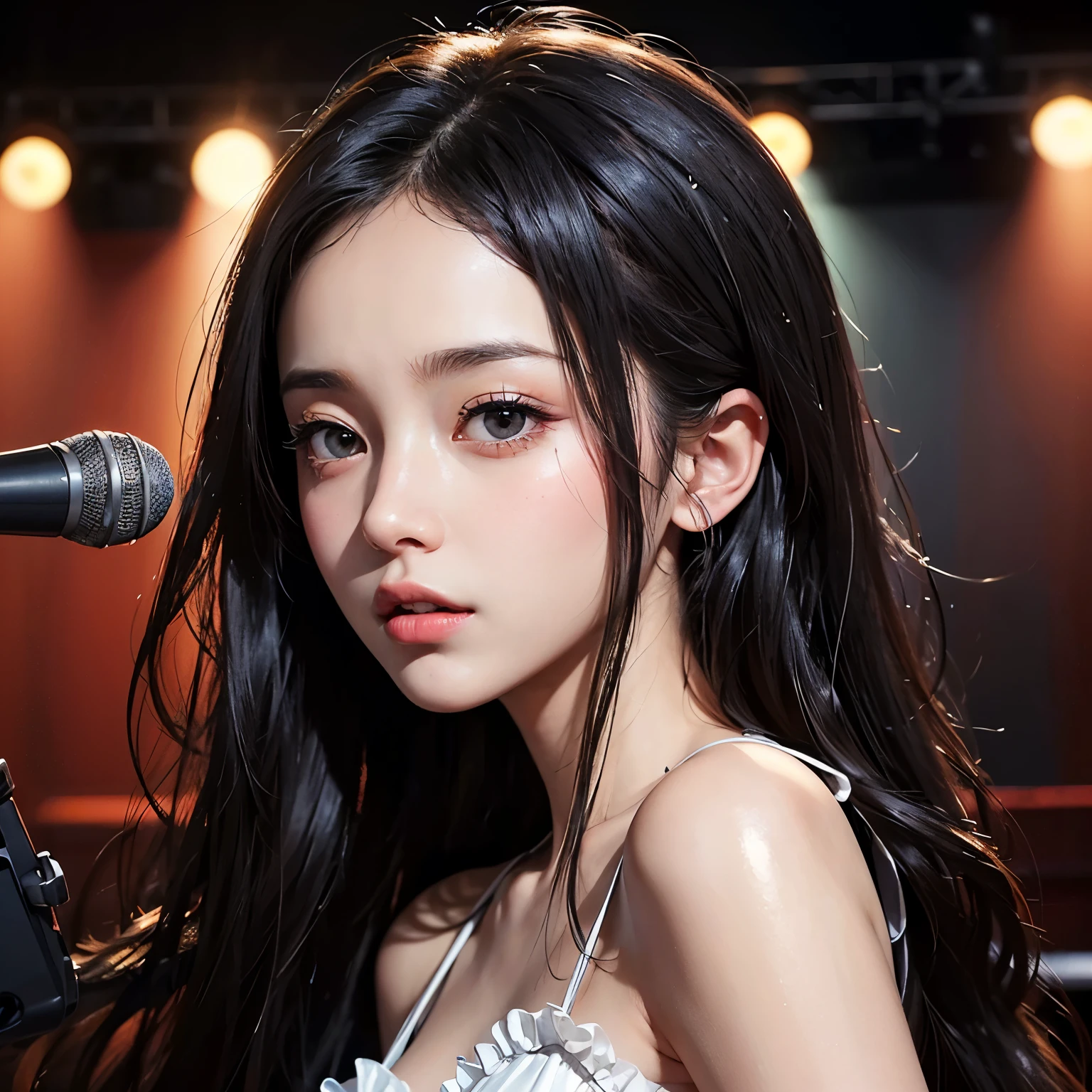 NSFW,(Masterpiece, BestQuality:1.3), (ultra detailed 8k cg:1.2), (hyperrealistic:1.35), (Photorealistic:1.45), (realistic:1.4), 8k,((Highest quality)),((masterpiece)),BREAK,((one girl)),(detailed),(in stage:1.7),((One girl)),((perfect anatomy)),nsfw,((nude)),(naked),((Primary school students)),((8years old)),((school uniform )),(Long sleeve),((pleated skirt)),(flat chest:1.5)),(stare at viewer with stern eyes:1.5),((delicate face and eyes)),((one girl)),(bitting own lip:1.1),(angry:0.9),nose blush,(shamefull:1.2),(twin tails:1.4),(beautiful hair),surprised, ((beautiful realistic face)),((skinny:1.5)),(delicate face and eyes),Beautiful Korean Women, Beautiful young Korean woman, Young and adorable Korean face, Gorgeous Young Korean Woman, Korean Girls, Girl cute beautiful face, Portraits of Korean female idols,(Holding a microphone),((finely detailed face)),(big eyes:1.2),((beautiful eyes)) ((glistening eyes)),((glistening eyes )),((large eyes)),(( pretty eyes)),((A bow tie:1.2)),(detailed),(Perfect Face),(Lanky:1.2),((One girl)), ((clear eyes)),((show nipples)),((beautiful skin)),don't wear anything ,(upper body),(Equal left and right eyes), (nsfw:1.5),(show nipples),(don't wear anything),(nipples facing upwards), correct arm,(Natural smile),((slim body)),collarbones