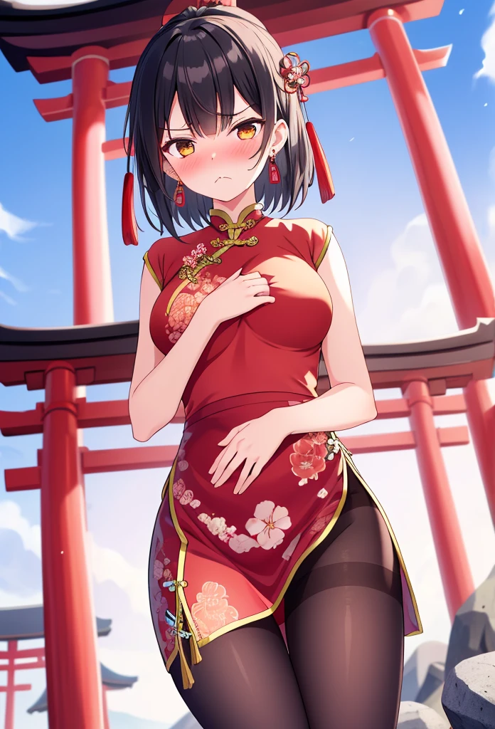(highest quality, High resolution, perfect pixel, Depth of the bounds written, 4k, beautiful anime girl),
looking at the viewer,
perfect body,
sntm, 1girl, alternate hairstyle, double bun, large breasts, short hair,
blush all over the face, shy,
(red china dress),
from below, groin, open legs,