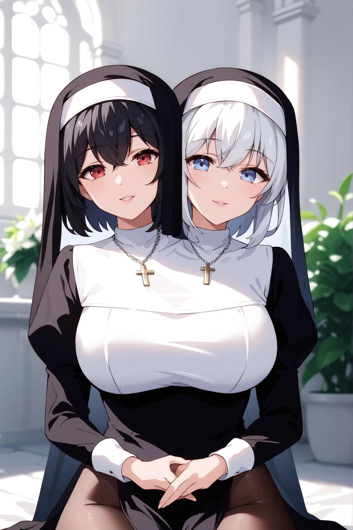 conjoined, 2girls, 2heads, two heads, a tall thin girls with 2 heads, white hair, black hair, red eyes, blue eyes, large breasts, front shots, black nun clothes, pelvic curtain, highleg, long sleeves, pantyhose, white church, upper body, cross necklace, garden, sitting, black veil, ✝ veil ornaments, Hide both hands