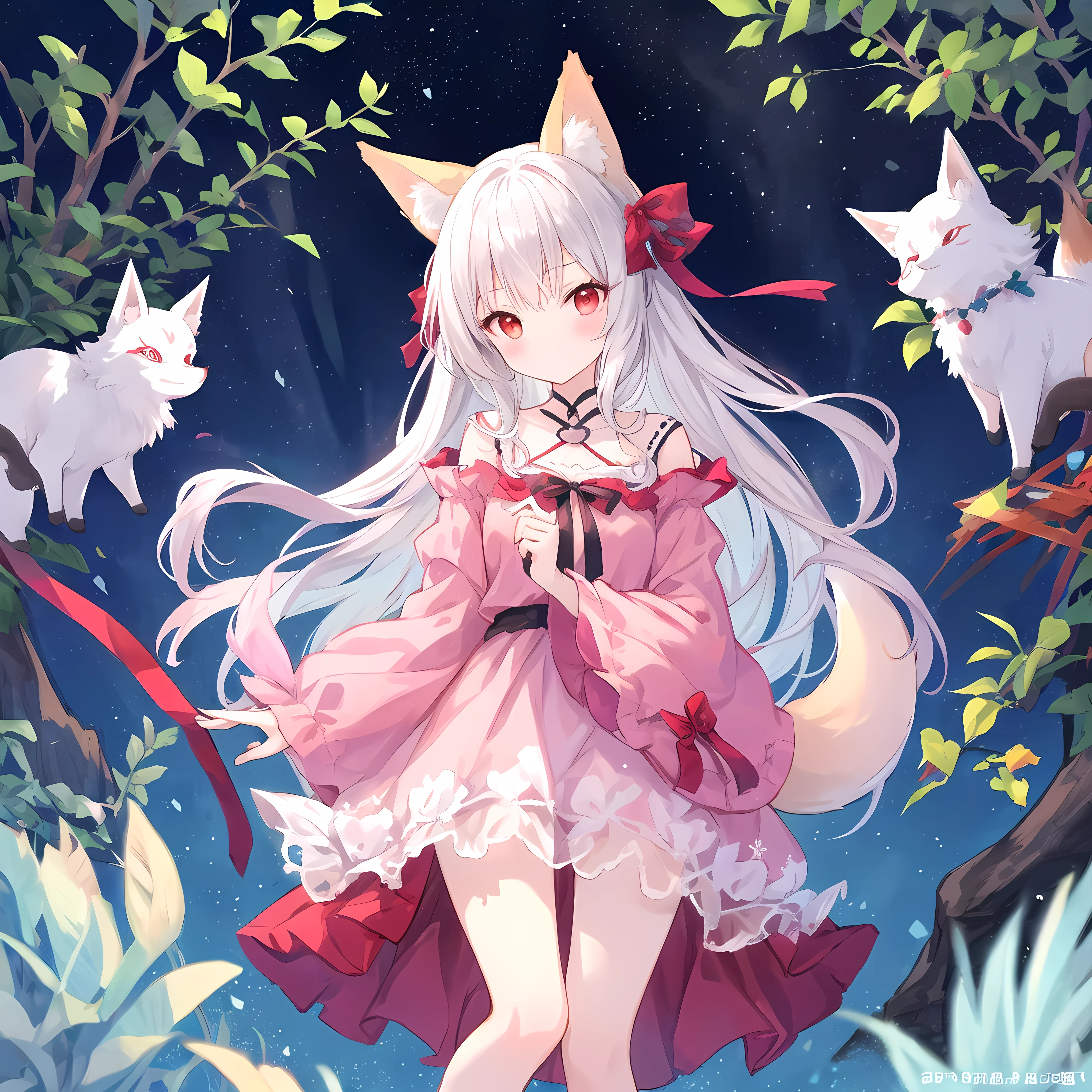 masterpiece,ultra-high quality,ultra detailed original illustration,(multicolored eyes),harajuku fashion,long sleeves,frilled sleeves,(Roses:1.2),(fusion of limited color, maximalism artstyle,geometric artstyle, junk art),witchcraft,white hair,long hair,large breasts,white fox ears,white nine tails,sparks,(field,night sky,vibrant nebula sky),