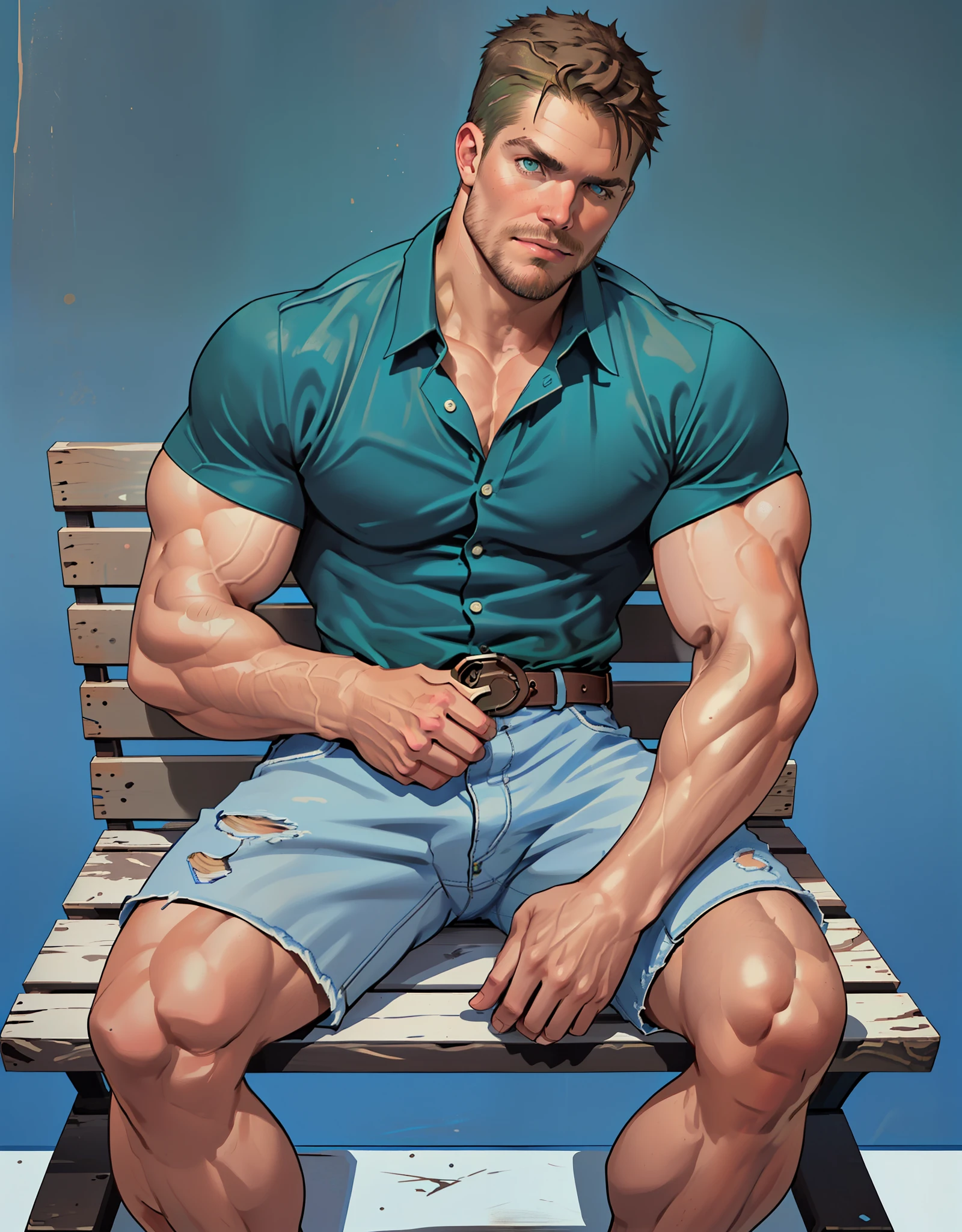 1 man, male focus solo,45 yo man,Stephen AMELL as private investigator, lean muscle, open blue shirt, marine blue jeans with brown belt ,( big bulge), full body shot, dark blond short hair, well groomed facial hair, holding a gun with one hand, , ultra high quality, masterpiece, (((ever changing background, blue and white and green arabesques lines in the blackground))) (((sitting on a vintage wooden bench )))