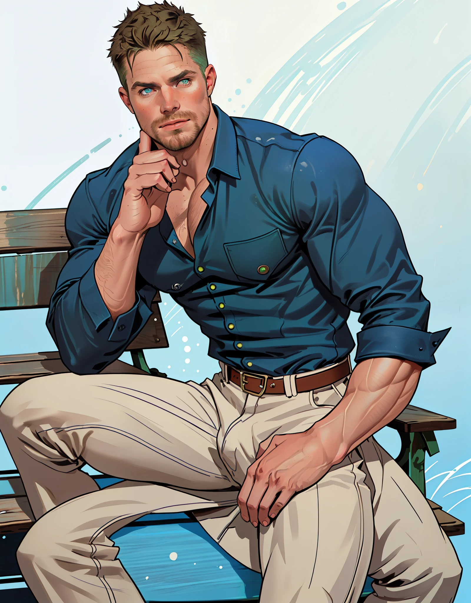 1 man, male focus solo,45 yo man,Stephen AMELL as private investigator, lean muscle, open blue shirt, marine blue jeans with brown belt ,( big bulge), full body shot, dark blond short hair, well groomed facial hair, holding a gun with one hand, , ultra high quality, masterpiece, (((ever changing background, blue and white and green arabesques lines in the blackground))) (((sitting on a vintage wooden bench )))