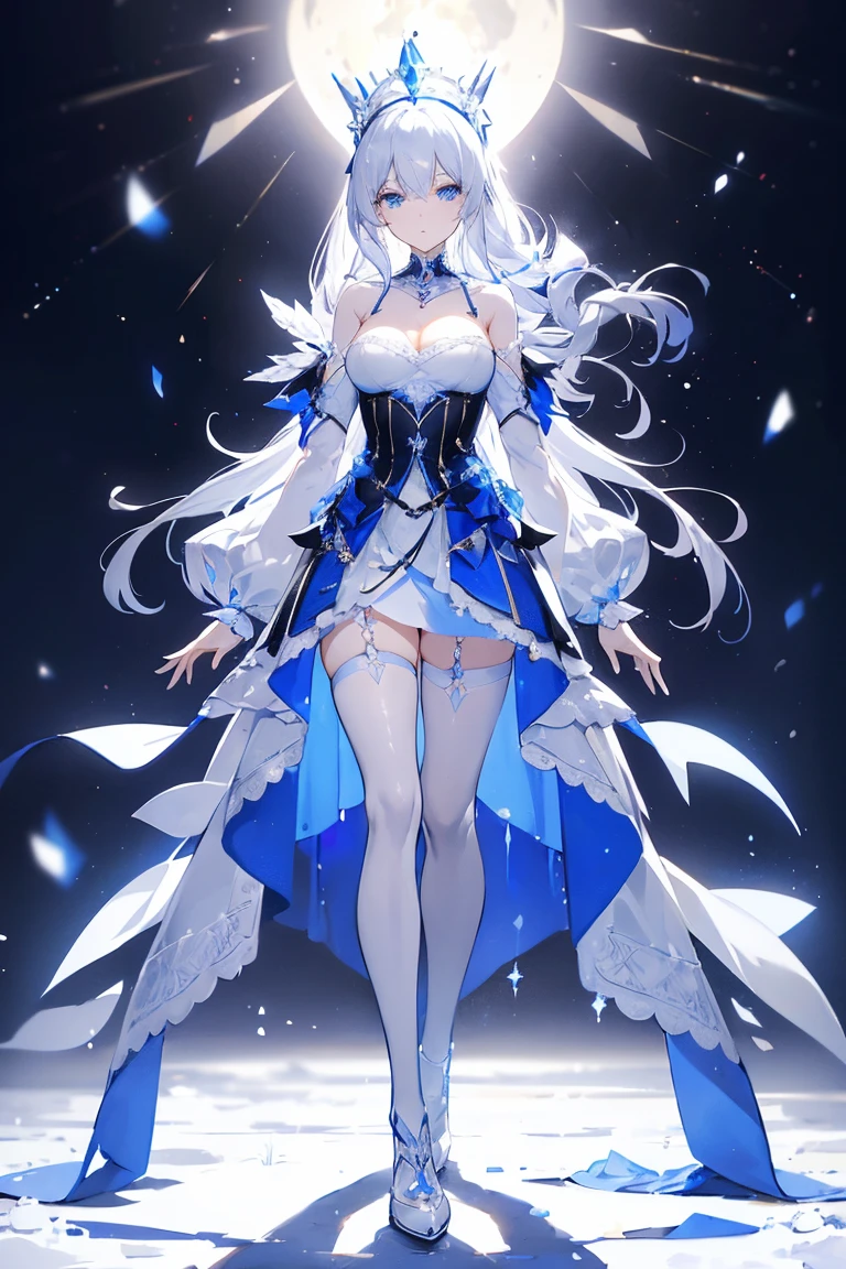 ((masterpiece, best quality)), Delicate face,Magician,Gold and blue,whole body,Standing picture,Long legs,Large Breasts,Gradient long wavy hair,Perfect body proportions,Beautiful blue eyes,Extremely beautiful,transparent, Pure white background,Blue Rose,Erotic_lingerie,Sexy_Bikini,Lace,Garter stockings