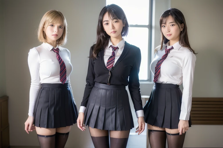 Great quality, 16K, (RAW Photos:1.4), Ultra-high resolution, ((Composition away from the subject)), ((顔から足首までのFull body photo)), ((Perfect Anatomy)), 2 women, , (Please take a picture from the front.), First Person View, Anatomically correct, Super Detail, (8k), Very detailed, Golden Ratio, (二人の背の低い日本のPrimary school students) , (F Cup Big:1.7), (Huge breasts:1.4), Cleavage, (Two Sisters), (Full body photo), ((The uniform consists of a navy blue sleeveless shirt with a red ribbon and a beige tight miniskirt.)), Detailed skin, Glowing Skin, Baby Face, double eyelid, eyes with long eyelashes, Small face, Three Sisters,(Super cute smiling face), blonde, short hair, hair band, Glare, Blushing, Verbal invitation, Feeling embarrassed, Overlooking here, Please stand in the center of the classroom., Stretch your back, The room is bright, (Gorgeous black tights), Brown high heels, Beautiful Hairstyles, Keep your hands on your hips, Stand with your feet shoulder-width apart), Simple uniforms, The sisters wear the same uniform, Sleeveless uniforms, (I always wear black tights), (The tight mini skirt is beige, that'It's so short that you can see her black panties), (Oily shiny black tights) , (Wearing high heels), (Very wide thighs), (Plump legs), Street Snap,(The skirt is very short),(She always wears black tights...), (Oily shiny black tights), (Wearing high heels), (Erect nipples:1.3)、(Young face:1.5)、(Primary school students:1.5)、(Short:1.5)