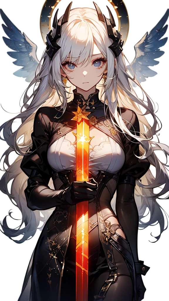 ((best quality)), ((masterpiece)), (detailed), perfect face, 4k, portrait, ((from front)), (upper body), ((1girl)), (((detailed silver blonde flowing hair tied in half-down braid))), ((((swept bangs hairstyle)))), ((bright sea blue eyes)), (c-cup breasts), long legs, ((narrow eyes)), (((wearing aristocratic white dress with black accents and fur trimming))), ((((black fur collar)))), gems, (opera gloves), stoic, scowl, elegant, standing, ((arm crossed)), menacing atmosphere, ((dark room)), magic, dark orange glow, (((bright orange energy portals behind character))), lightning effects