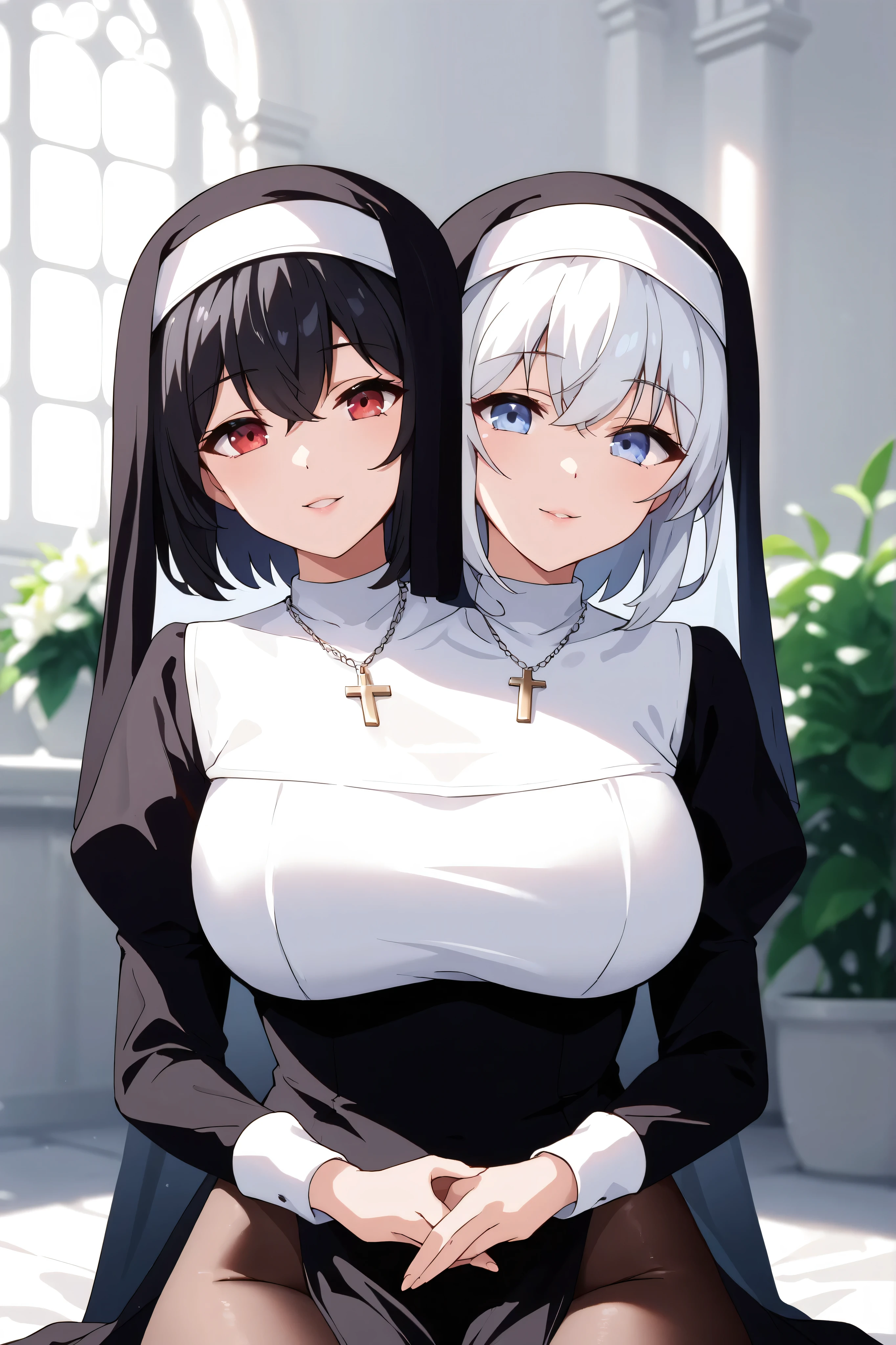 conjoined, 2girls, 2heads, two heads, a tall thin girls with 2 heads, white hair, black hair, red eyes, blue eyes, large breasts, front shots, black nun clothes, pelvic curtain, highleg, long sleeves, pantyhose, white church, upper body, cross necklace, garden, sitting, black veil, ✝ veil ornaments, Hide both hands