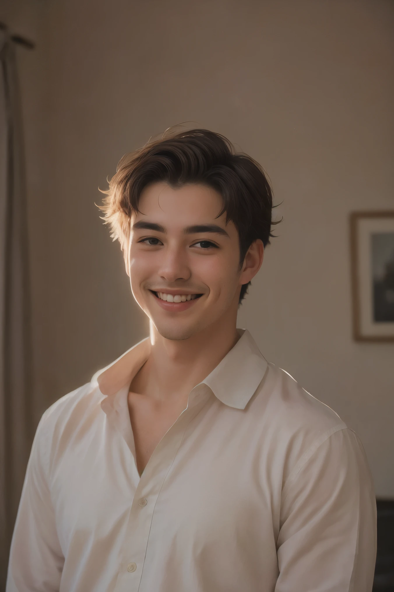 Handsome Men smiling Portrait, shot on leica, shadowplay, gorgeous lighting, subtle pastel hues, living room ,solo