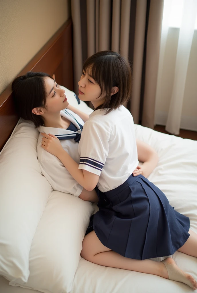 (masterpiece:1.4)、(1male people:1.9)、1girl、15 years old,(:1.2),high school student,beautiful girl,(short ponytails:1.2),akb48,nogizaka46,sailor suit,high ,(A father is touching his delicate girl's crotche:1.9)、student clothes、a closeup、Lying in bed、Father touching the crotch of delicate girl、(Cute 15-year-old delicate girl with semi-long hair and 50-year-old father with short hair)obscenity:1,2、Metamorphosis:1,2、NSFW:1,2、caress:1,2、Wrinkles between the eyebrows、Touching each other's crotches、red blush、toppless、White panties、Dark blue pleated mini skirt、tre anatomically correct,(small breasts:1.2),(skinny:1.2),