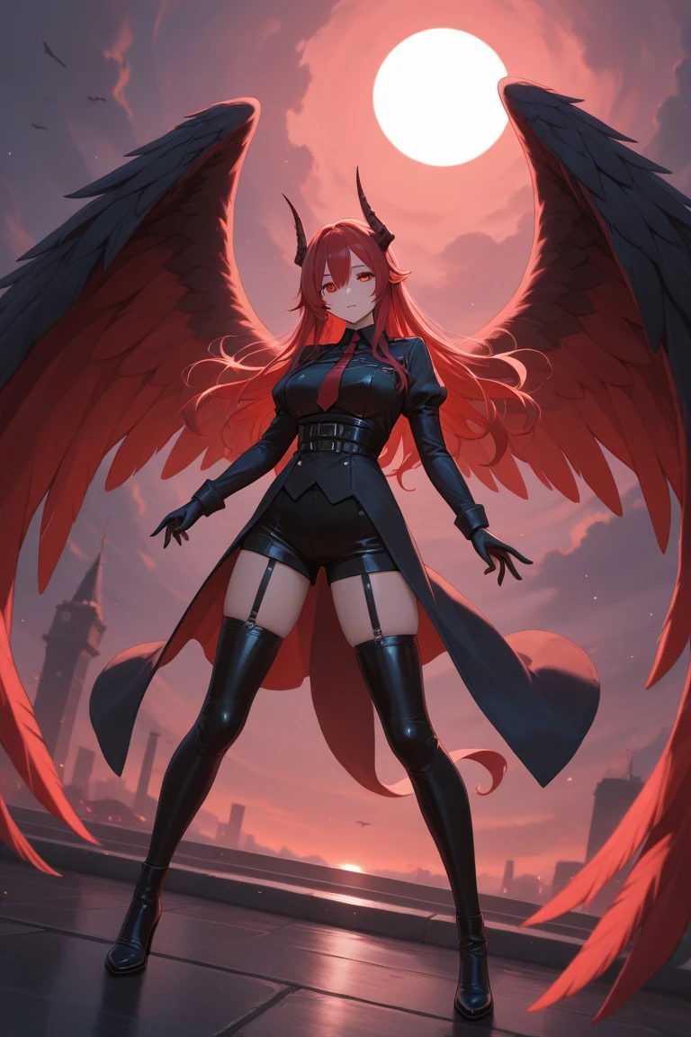 Very beautiful japanese Lady Dragon with wings and horns in black leather outfit with red belt and red ribbons on her legs.