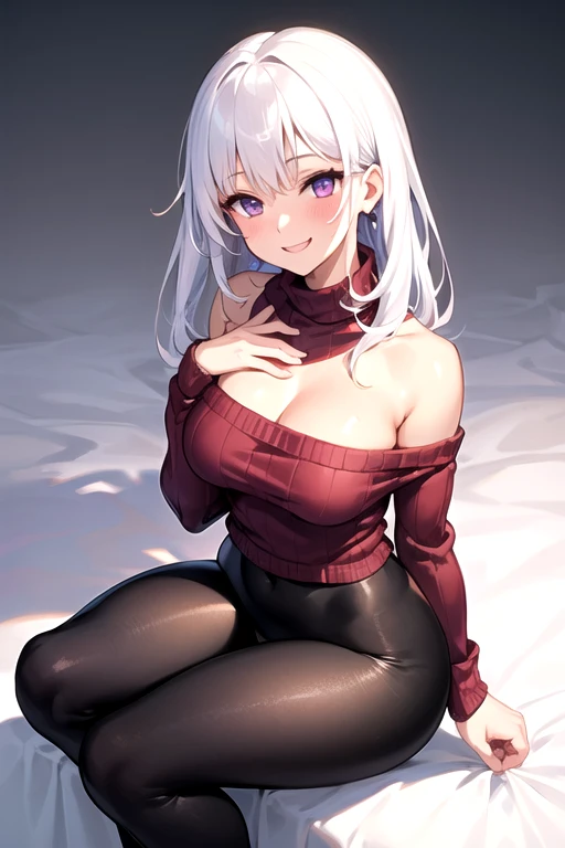 _asura style, 1girl, breasts, solo, hair_over_one_eye, cleavage, large_breasts, black_hair, grey_eyes, pantyhose, blue_nails, sweater, red_sweater, mole, long_hair, off_shoulder, open_mouth, jewelry, mole_under_eye, nail_polish, choker, earrings, bare_shoulders, black_pantyhose, underwear, long_sleeves, off-shoulder_sweater, smile, bra, blush, bangs, sleeves_past_wrists, railing