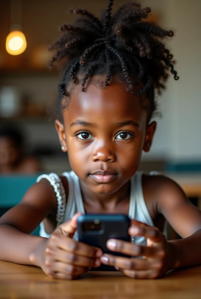 image of a 7-year-old black girl, holding her cell phone without her face showing, drawn in pencil