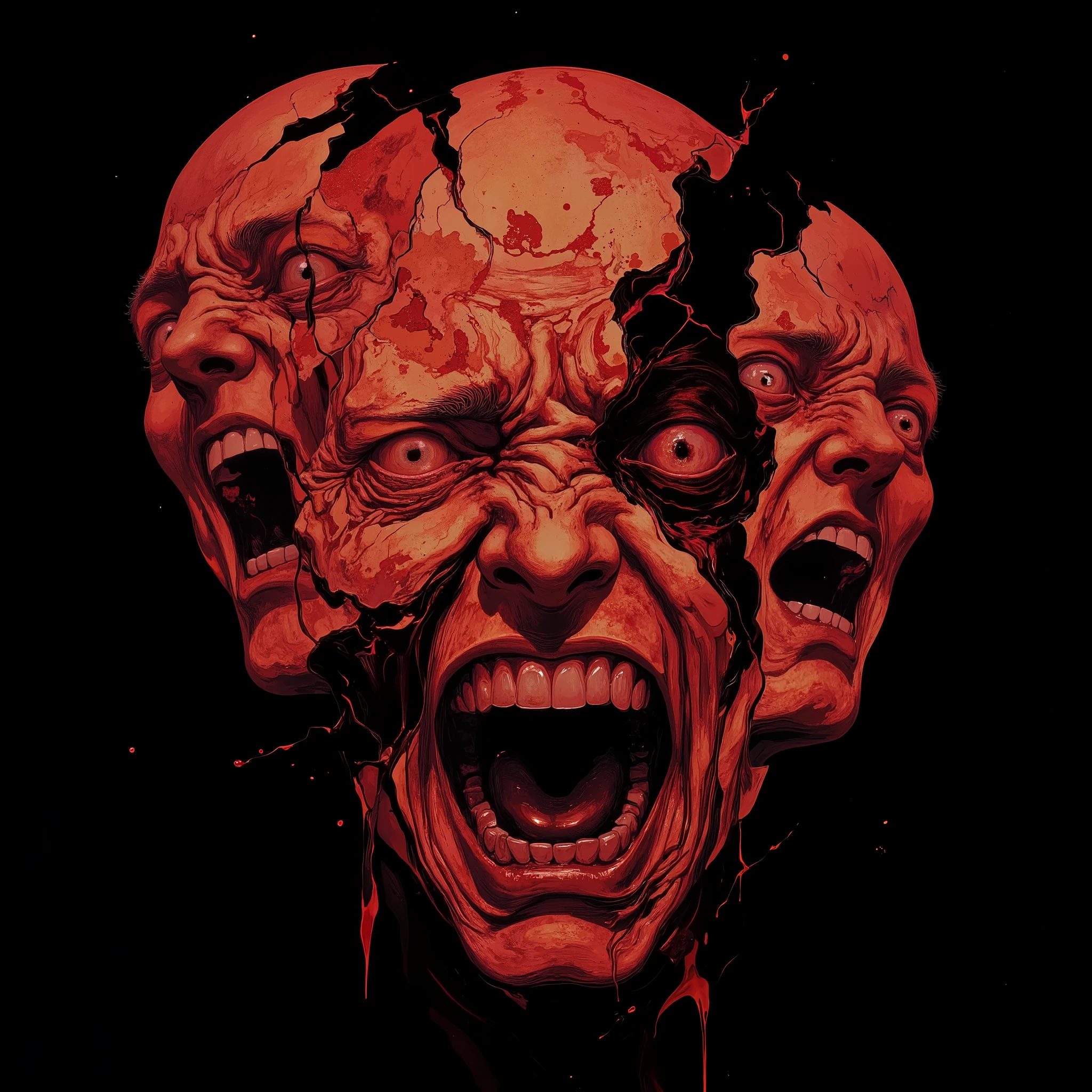 A mad-screaming face with two half fractured faces on each side. Red tones, madness.
(hyperdetailed), (Super detailed), UHD.