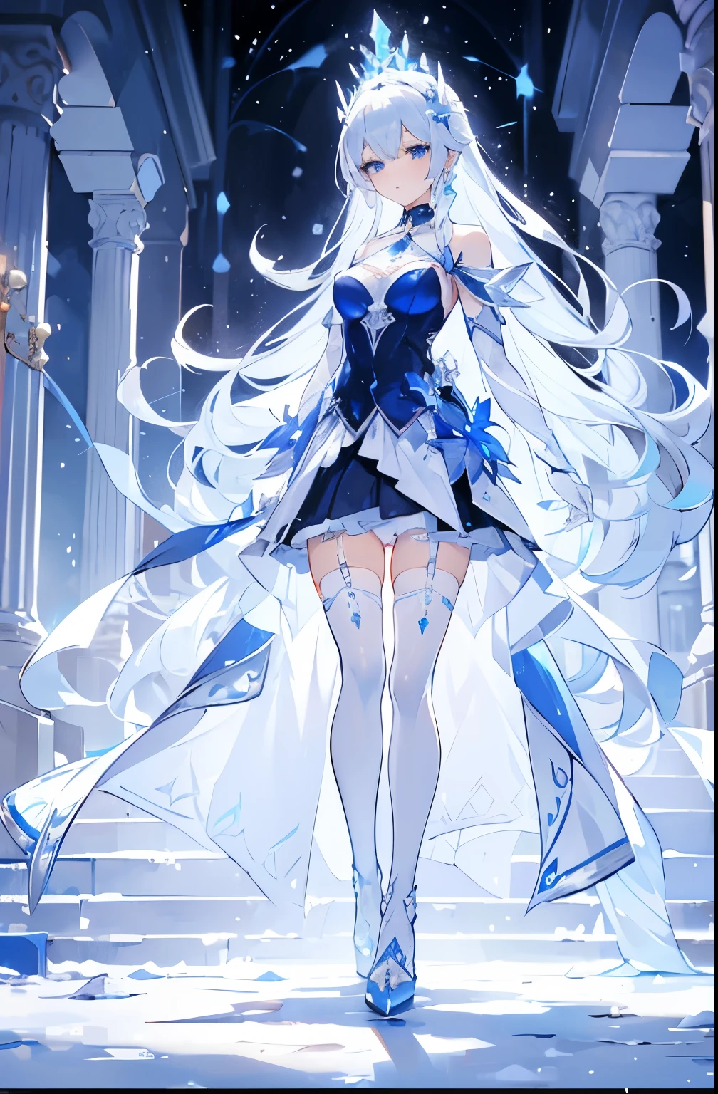 masterpiece, very delicate and beautiful girl , very good, Cold, unique , (1 girl), (pale), ice blue eyes , Frosty White Hair , Cool Chara , Flat surface, young woman in hot suit, Wife . Chara , medium , Arrogant, Confident, Cold face, goddess, Cool Girl, sharp eyes , ( Snow White background ), snowflake, (Frozen flowers:0.5), ( with a calm expression ), ( Shining Ice Crystals ), (Modern casual wear), ( Women ), ( Snow covered ground ), (Cold Breath), ( Smile:0.5)( full body standing on the forehead )neck:sky blue fake collar decoration,There is an ice crystal sapphire on the bottom,Ice silk cuff with a light blue silk thread like a cobweb that connects the hand without passing through the shoulder,hair covering the collarbone ,showing the snow-white skin above the shoulders and chest
Top:Wearing a dark blue low-cut tight-fitting miniskirt,only covers the base of the thigh,with blue gemstones between the breasts,The upper part of the dress fits the petite body,highlight a plump figure, to reveal the entire back,The inside of the skirt is white,white tight suspenders。
arm:Ice blue ultra-thin ice silk sleeve covers the middle of the arm,black silk gloves
Socks:white tight suspenders,Sensual,snow white skin showing up between the skirt。
Underwear:白色紧身超短Underwear, looks like a shadow,If you look closely, you can even see the shape of the pussy。
shoe:silver white high heels
Headdress:silver and white ice crystal crown