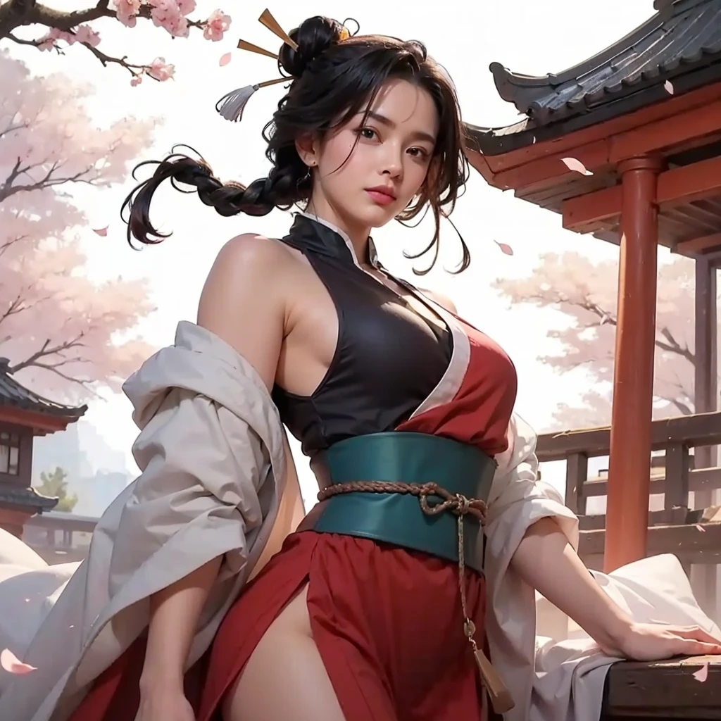 Design a brave and temperamental character named Hiroko. She is a young warrior who was raised by monastic warriors, the "Myobu no Senshi," and has perfected the art of combat with a spear. Create an appearance that reflects her fierce and determined personality, with a touch of vulnerability due to her past as a former criminal. Hiroko's outfit should ((blend traditional monk attire)) with ((modern tactical gear and modern city vibes)), symbolizing her unique background. Her hair and accessories should be practical for combat, allowing her to move freely. Showcase a range of expressions that capture Hiroko's emotional journey, from resolute determination to moments of introspection. The model sheet should include action poses that highlight her spear-fighting skills and combat prowess ((nsfw)) (((flat chest))) (((patch eye as pirate))) ((((slender))))