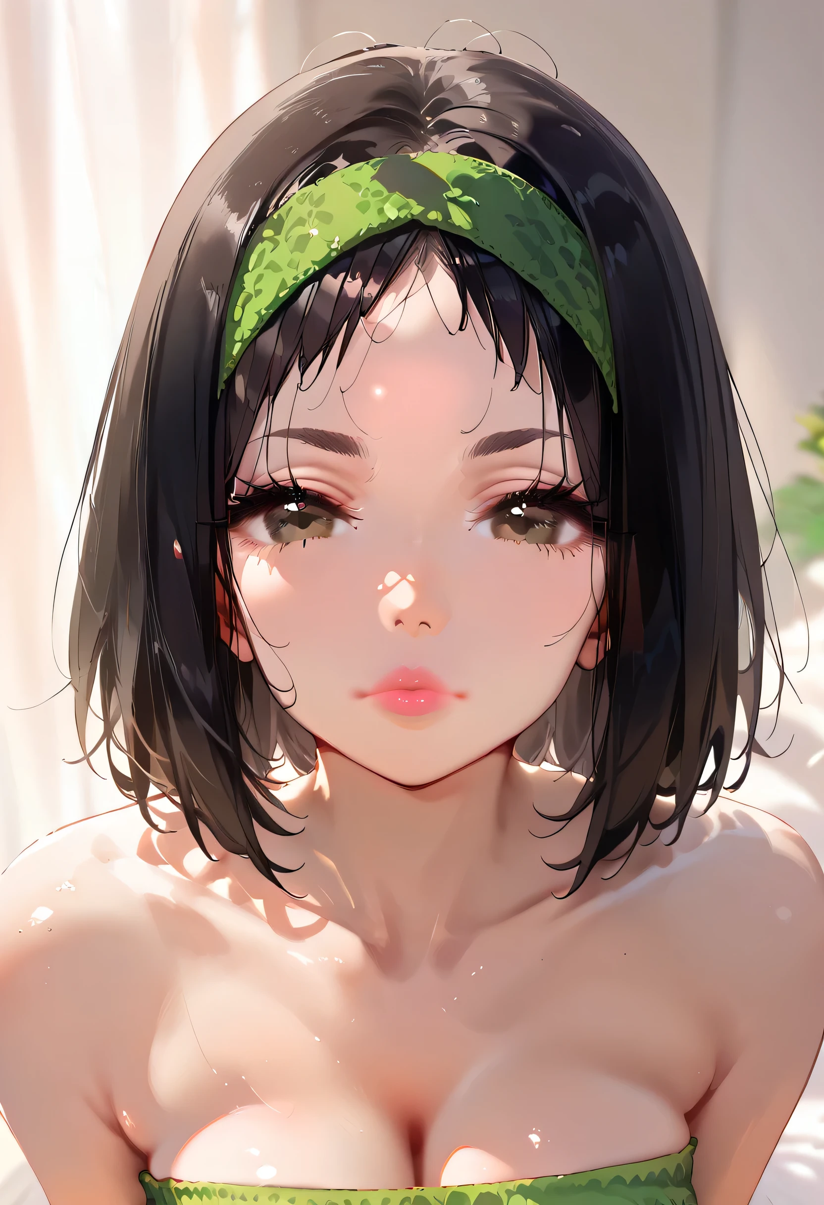 perfect face, black hair, short hair, (green headband, forehead), black thin eyebrows, dark brown eyes, black eyelashes, nose, pink lips, collarbone, cleavage, (green tube top), medium breasts, looking at viewer