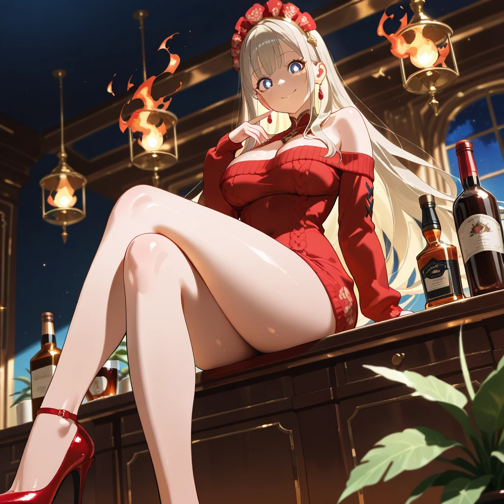 score_9,score_8_up,score_7_up,18 year old,1girl,asuna \(sao-alo\), sword art online,yuuki asuna,solo,nsfw,brown eyes, brown hair, long hair, bangs, braid,sitting, holding cup,seductive-smile,blush,large breasts,brown hair,parted hair,long hair,red dress,halter dress,plunging neckline,center opening,cleavage,navel,earrings,bracelet,restaurant,