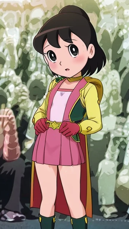 (masterpiece), (best quality), (ultra-detailed), intricate detail, detailed beautiful face and eyes,1girl, solo, purple eyes, purple hair, long dark blue hair, white earrings, red hairband, star hair ornament,fingerless gloves, gloves,pantyhose, jewelry, pleated_skirt,red skirt, short sleeves, Blunt Bangs,shizuka,hot