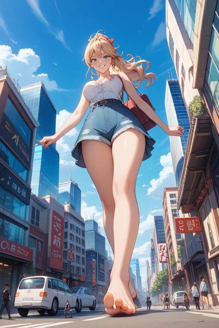 Giant Girl 50,000 feet high，Have a pair of long legs，Have a pair of huge breasts，Wearing a red bikini，Waist-length blonde hair，Loose hair，Wear a pair of Mary Janes，Blonde curly hair，Full of enjoyment，Standing tall in a crowded city, Vandalism，It seems to be an invincible existence,Beautiful appearance，Exquisite makeup，quality，8K，High quality，(Governor:1.5)，Perfect proportion, theater lighting，Film Grain，Fuji Colors，8K，Textured Skin，Super Detail，High Detail，high quality，high resolution，thunderclap，Fake laugh，Morning，Perfect body