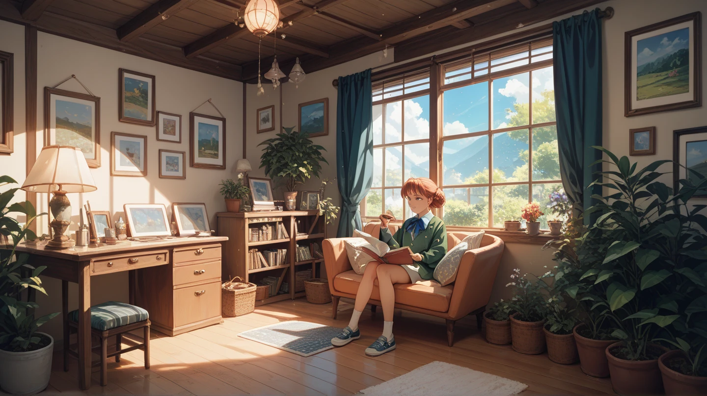 female (18 years old, red hair in a bun with loose strands framing the face, large expressive brown eyes, anime-style facial features, smooth pale skin, wearing a sailor-style , barefoot) is sitting in a chair in a cozy living room, (comfortable furniture, warm lighting, modern decor, a coffee table with books and a plant, large windows with sunlight streaming in), (barefoot, legs crossed, confident and relaxed posture, smiling), viewed from a low angle looking up, BREAK, quality (8k, wallpaper of extremely detailed CG unit, masterpiece, high resolution, top-quality, top-quality real texture skin, hyper realistic, increase the resolution, RAW photos, best quality, highly detailed, the wallpaper, cinematic lighting, ray trace, golden ratio), long view, anime-style character, anime aesthetic, anime face, realistic background