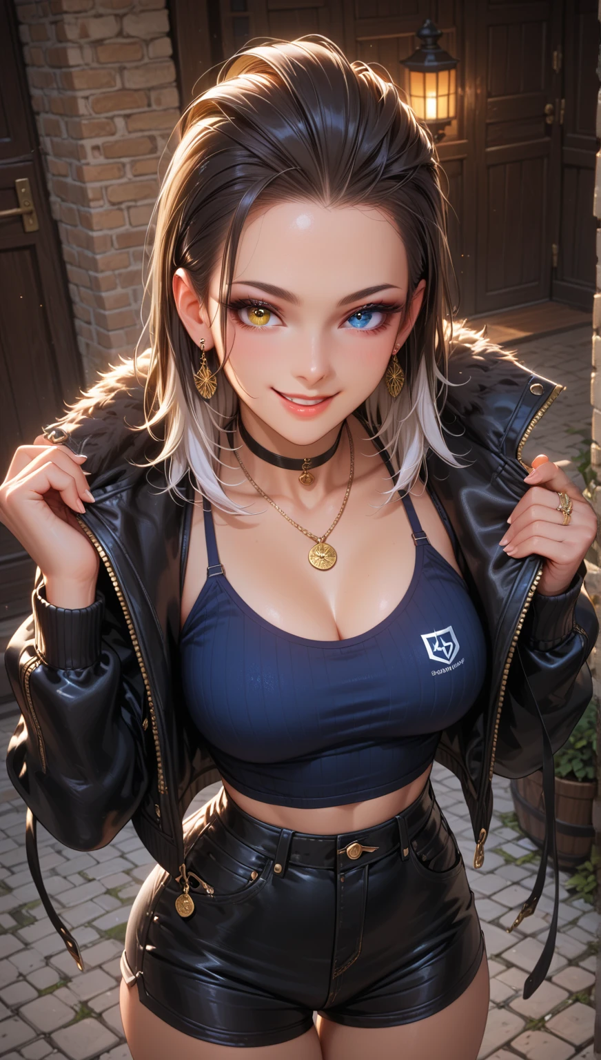 <lora:portland_v1.0:0.8>,sside_ponytail,silver_hair,very long hair,heart_ahoge,heart-shaped_pupils,american_flag_bikini,fingerless_gloves,short_shorts ,jacket,large breasts,;d,outdoors, ;d,<lora:heart_eyes_v1.0:0.8>,(arms crossed:1.2),, masterpiece, best quality, extremely detailed face, sharp details, high contrast,