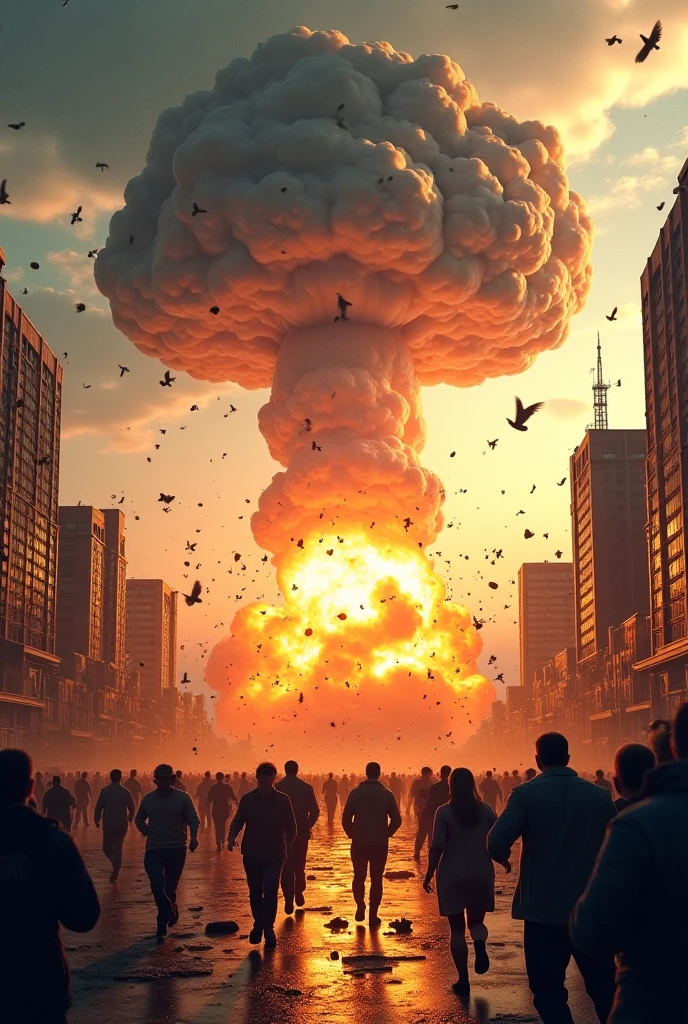 a huge nuclear explosion, manhattan, chaos, panic, epic realistic, faded, neutral colors, (hdr), ((((muted colors)))), (intricate), artstation, hyperdetailed, cinematic, warm lights, dramatic light, intricate details, complex background, dark