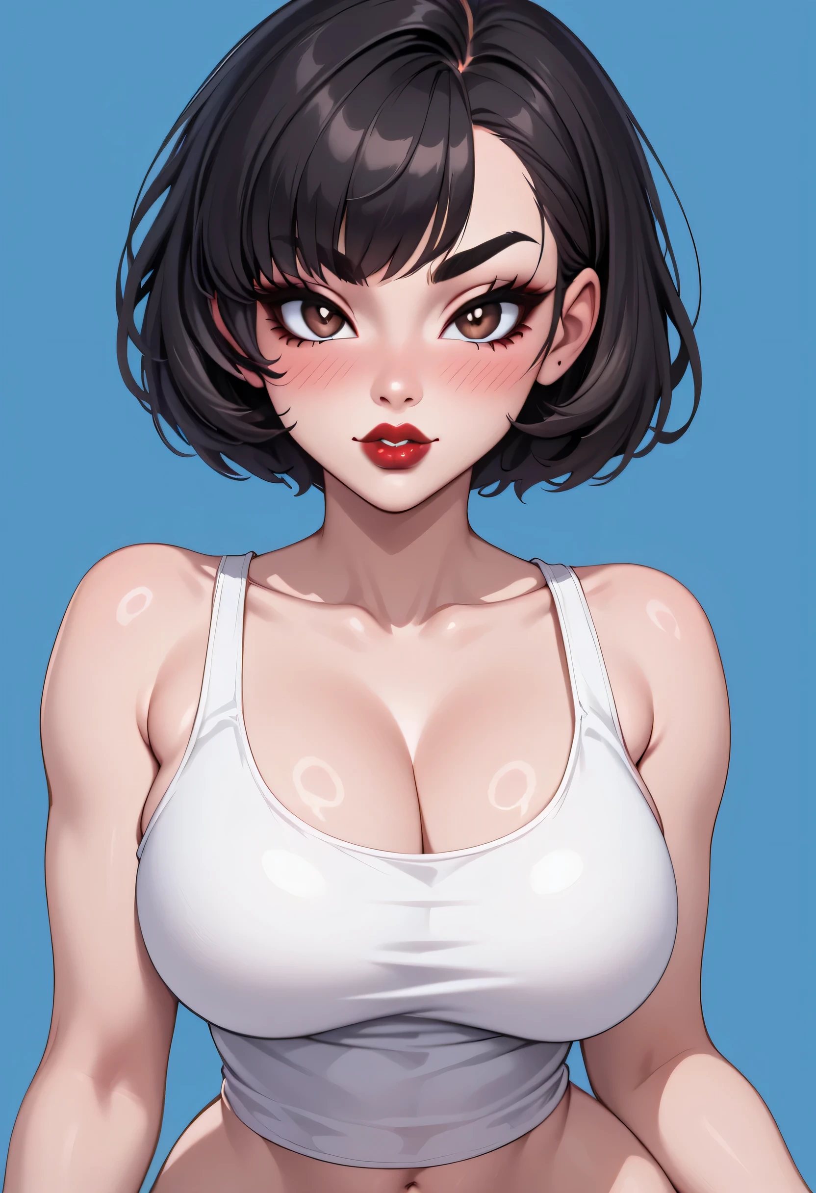 masterpiece, absurdres, (masterpiece), best quality, expressive smile, perfect face, short hair, black hair, fleshy mouth lips, freckles on face, white tank top, black jacket over tank top, close up, portrait, pale-skinned female, large breasts, cleavage, looking at the viewer, (masterpiece), best quality, expressive eyes, perfect face, ((correct anatomy)), ultra detail, 8k wallpaper, detailed character design, ultra-high resolution, perfectly composed, clear, rating_questionable, (detailed lighting), huge breasts, gorgeous girl, stylish girl, bra strap, milf, mature female, naughty smile, colored gradient