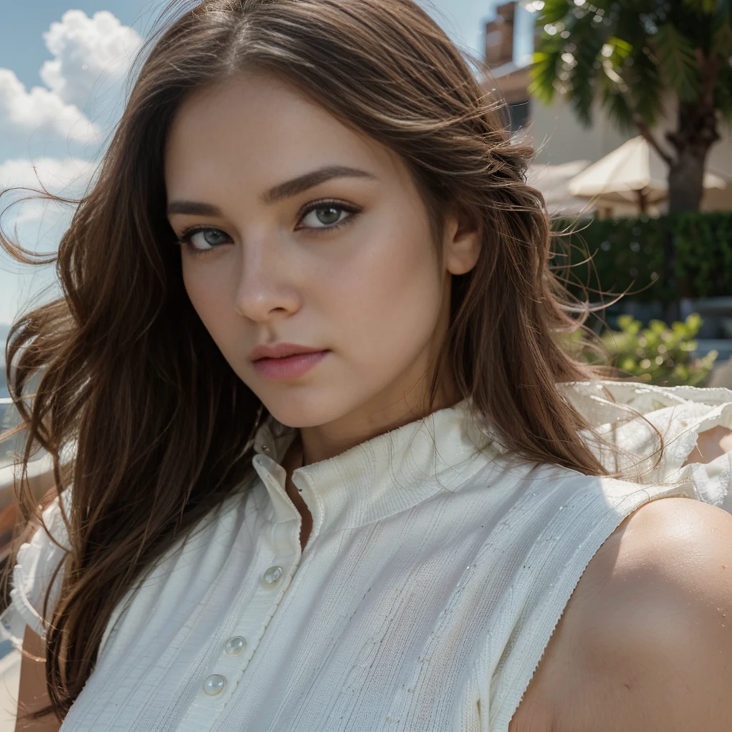 Create a very realistic and beautiful model with the following detailed features: Gender: Female, Age: Young adult (approximately 20-25 years old), Hair: Long, wavy and reddish with a natural shine, gently cascading around the shoulders and back back. . . . . . . . . . . . , Eyes: Bright green with a captivating, slightly almond-shaped look, detailed with natural highlights, Skin: Fair complexion with a light texture, including natural freckles on the nose and cheeks, giving a youthful and vibrant appearance: Fair complexion with a light texture, including natural freckles on the nose and cheeks, giving a youthful and lively appearance, Face: with a smooth and natural contour, soft and full lips with a slight pinkish tint and a slightly delicate upturned nose, Expression : a gentle face, with a touch of mischief, which conveys warmth and approachability, Clothing: in a white suit and sunglasses standing on a bridge, wearing a white suit, a white suit, a white outfit, a white suit and glasses , a white futuristic suit, a white silky outfit, fashionable white clothes, a Girl in a suit, wear white clothes, Girl in a suit, Smooth white tight-fitting suit, wear an elegant outfit, haute couture chic, All white, Background : the model is on an elegant flowered terrace, beginning on an open roof, end of sunny day, sea view in the background.
Pose: relaxed and confident posture, start on an open-air rooftop, end of sunny day, sea view in the background. aesthetic, Unsplash, Neoclassicism, Complex background, Best quality, hyper detailed, Gratty Sita, 64K, Light design