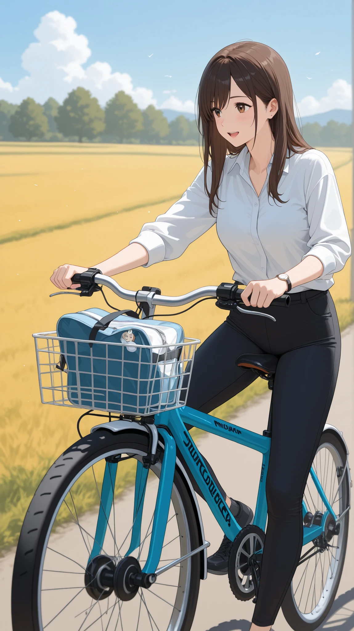woman on her son's bicycle
