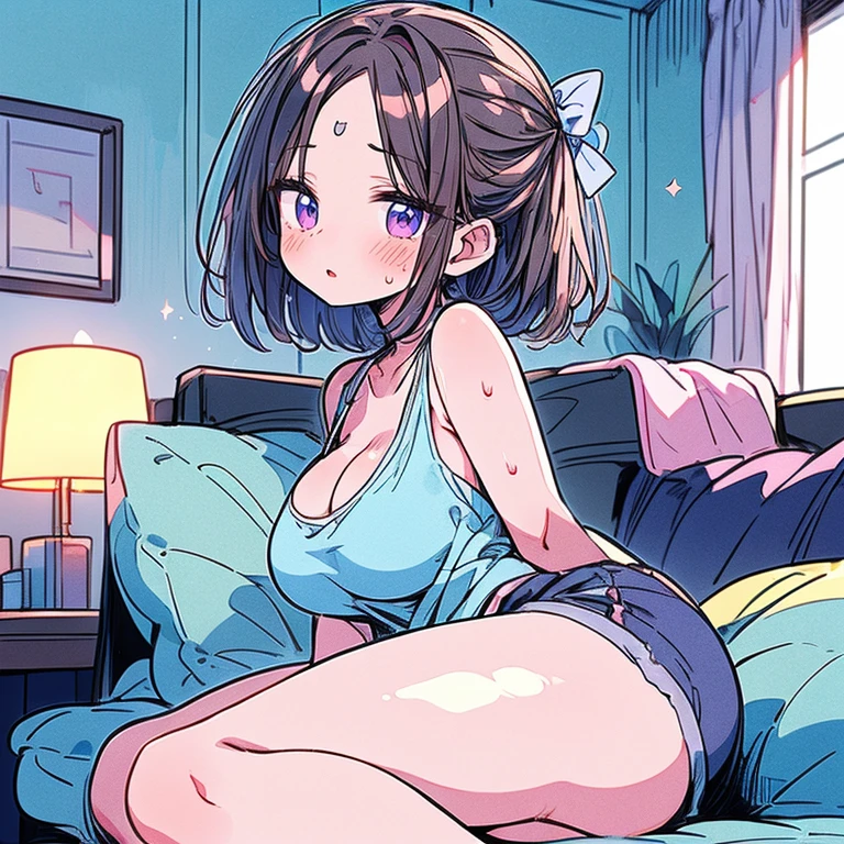 (one female: 1.5) wearing pink white and blue floral summer dress, brown long ponytail, beautiful blue eyes, showing cleavage, sitting on bed alone, alone (SOLO: 1.5),(ALONE: 1.5), large chest, curvy, perfect body close shot, best quality:1.5, sleeveless, bare shoulders, sexy legs, hide hands behind back