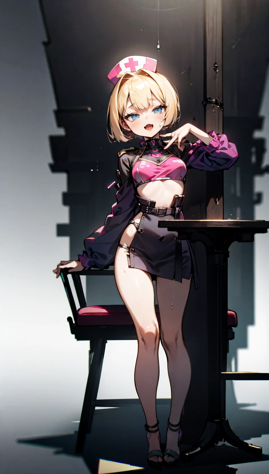 a blond、poneyTail、red eyes、Beautiful girl alone、Pure black dress、off shoulders、a miniskirt、Black tights、sitting on、starrysky