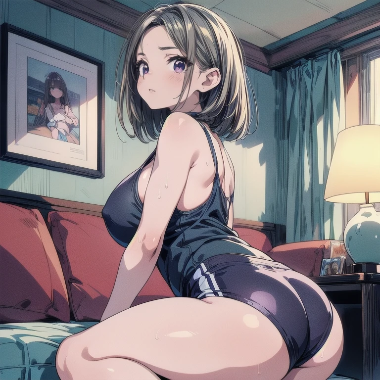 Ochaco Uraraka with a sexy slim body, medium breasts, a narrow waist and a round ass wearing a black top with a plunging neckline and tight shorts on all fours on a bed with a seductive look
