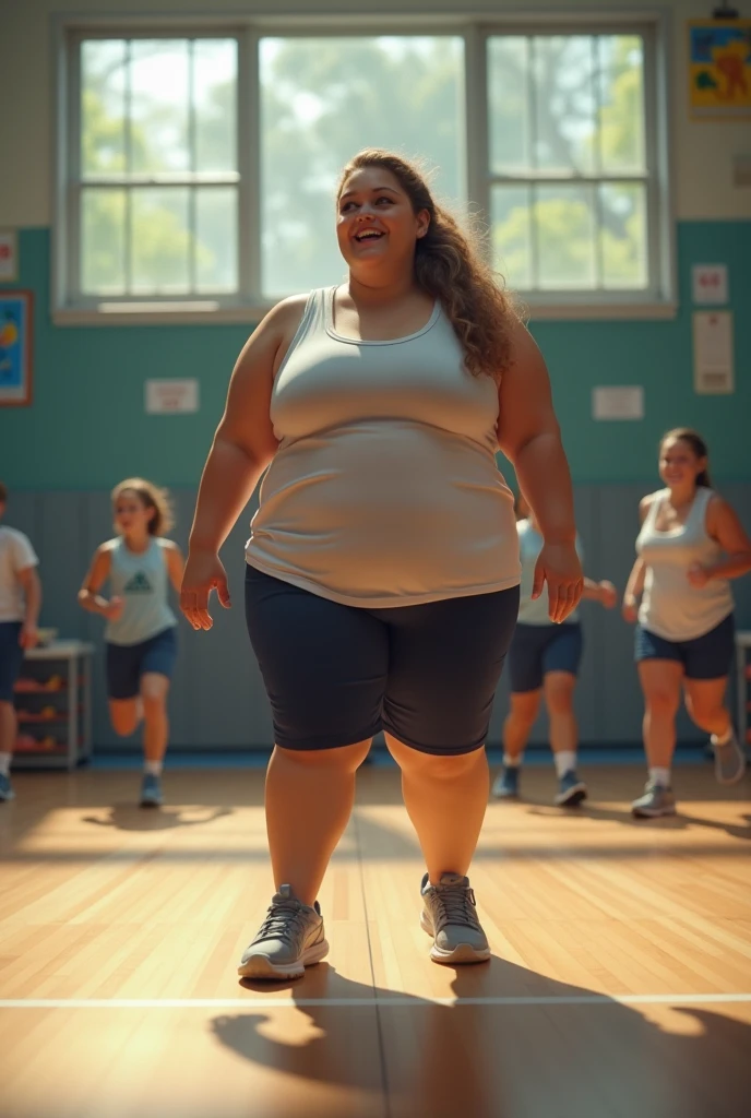(extra detailed body、extra detailed face、best qualtiy:1.2)、femele、(((plump)))、looking at the viewers、(sports wear)、(park in the background),From the stomach up、leaning to the right、(((raise both hands up))), (((chubby 70kg)))