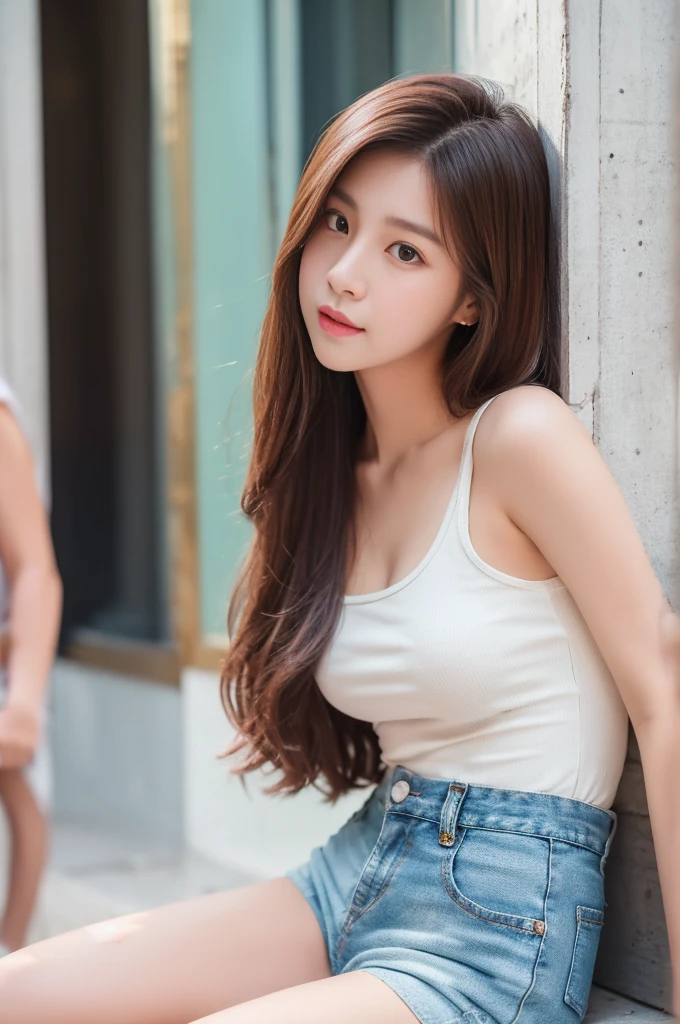 Tabletop、supreme beauty、Beautifully shaped breastasterpiece, 1 girl, solo、Tank top、detailed, Depth of written boundary, 135mm, Textured skin, Super Detail, high quality, Awards, 最high quality, High resolution, 8k, White skin,Koi brown hair、Random Hair、Cute face、Big smile、Adult beauty、Age 25、Per capita in Japan、Best image quality、超High resolution、8k、Dazzling sunlight、Delicate photo、Back alleys in the city、Realistic Background、Breeze