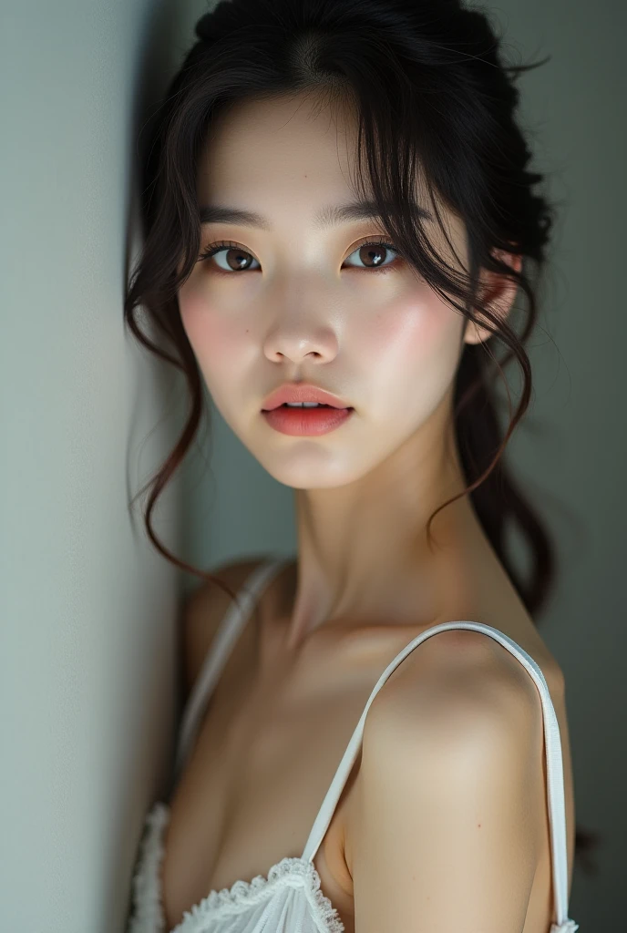 Black hair, sinister face, seductive, zoom to face, eyes, one people, in room, sexy, natural face,