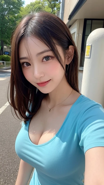 (Surreal), (High resolution), (8k), (Very detailed), (Beautiful fine details), (highest quality), (Ultra-detailed), (masterpiece), (Detailed face), (Beautiful smile)、(Beautiful Face)、((Natural Makeup))、(((Beautiful girl with cute Japan)))、 ((Japanese beautiful girl 21 years old))、 ((Baby Face))、(((G-Cup)))、Realistic Skin、Hair blowing in the wind、ponytail、summer、Shopping mall、Outdoor、Black Hair、艶のあるBlack Hair、Glowing Skin、A cute light blue short-sleeved outfit、Looking up、((Bend over and peer at me))、Top view angle、((Cross your arms behind your hips))、((I can see from the knees up))