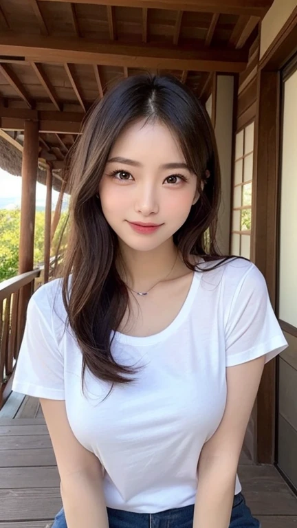 RAW photo、Please keep looking at me、Bright screen、light brown medium bob hair、8K、outdoor、blue sky、Upper body、Photographed alone、40 years old、smile