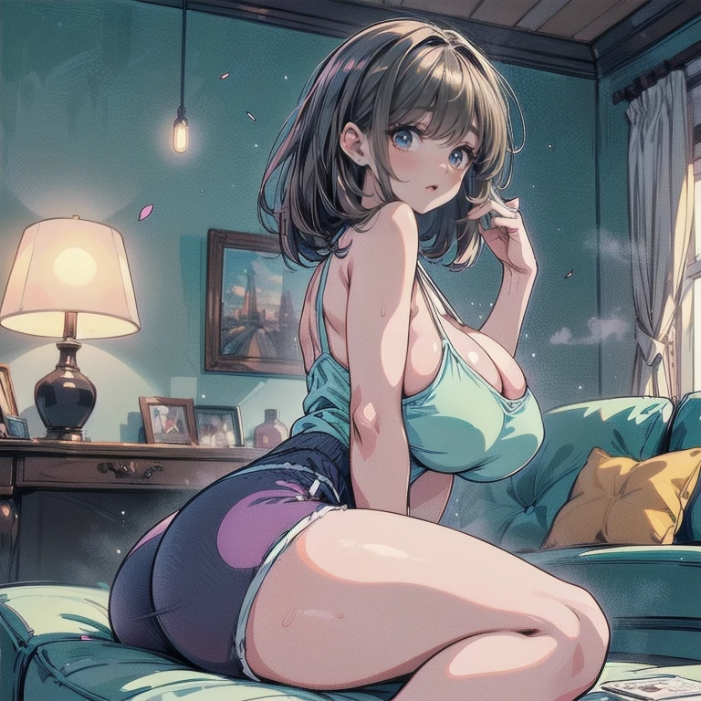 1 girl, deep red hair, green eyes, white skin, solo, straight shoulder length hair, curtain bangs, curvy, very wide hips, large ass, narrow waist, thick thighs, very huge breasts, black crop top, black booty shorts, sultry smile, navel piercing, underboob, cleavage, living room, sitting on couch, blizzard outside, coffee table, pancakes on coffee table, winter