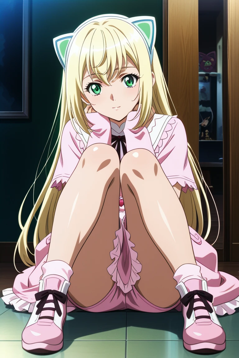 aaillya,long_hair,blonde_hair,red_eyes,hair_between_eyes,bangs,white_hair, illyamagical,magical_girl,two_side_up,hair_ornament,feather_hair_ornament,gloves,white_gloves,elbow_gloves,detached_sleeves,ascot,thigh_boots,thighhighs,pink_footwear,boots,bare_shoulders,cape, 1girl, solo, , short stature, Short arms, Short legs, gigantic breasts, panties, (big ass, pussy line:1.4), blush, ecstasy, bed, bedroom, anime colored, official art, anime screencap,