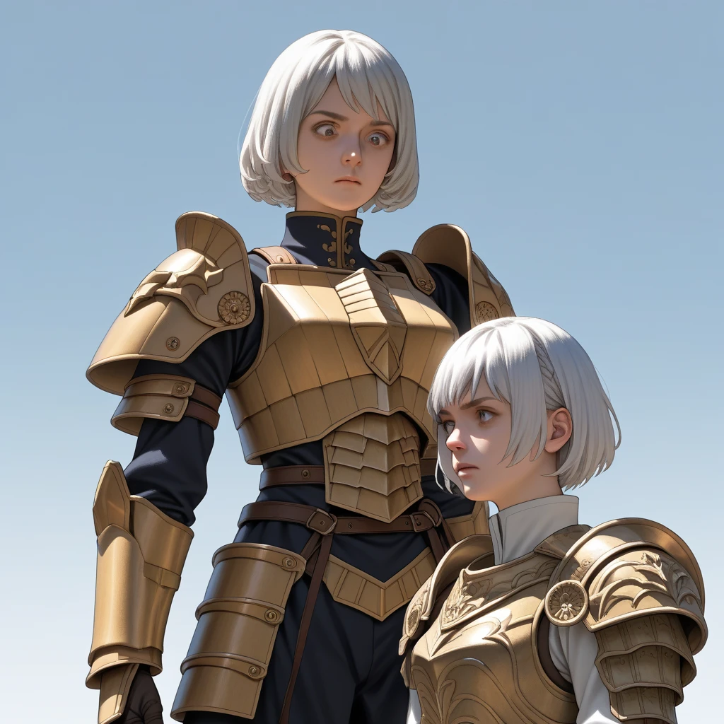 Beautiful girl knight in armor, Gray Hair, tsurime, fantastic, Face your body forward like a certificate photo, shoot from front, Ponytail, Armor Girl, beautiful female knight, Female Paladin, pale blue eyes, narrowed eyes squint, Talking mouth, upper body shot, draw all of the upper body, giant