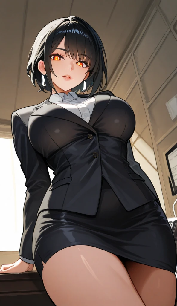 <lora:ChifuyuV2:0.7>, Orimura_Chifuyu, Black_skirt_suit_Black_pantyhose_Green_necktie, huge_breasts, standing, solo,, masterpiece, best quality, detailed face, detailed eyes, highres,