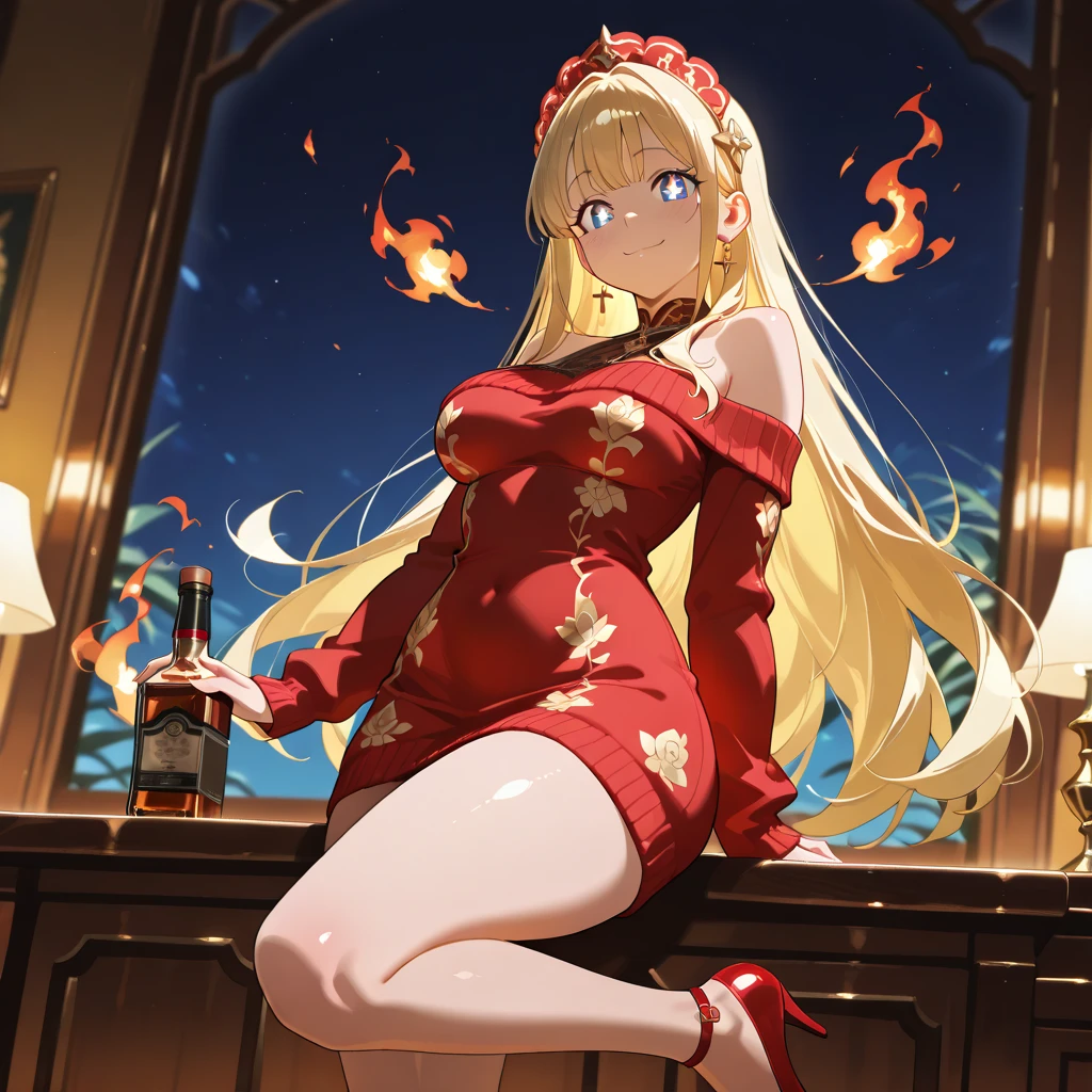 ((A sexy and beautiful woman holding a wine glass and looking at me on the terrace)), ((The cutest 22-year-old beauty)), Charming smile, ((Fireworks in the background) ), ((Very long hair) ), ((One piece with a lot of exposed parts)), ((Rich bust)), Gradient eyes, Seductive makeup, Single view, NFFSW, UHD, Retina, Masterpiece, Accurate, Anatomy Scientifically correct, textured skin, super detail, high detail, high quality, award winning, highest quality, high resolution, 1080P, HD, 4K, 8k, 16k