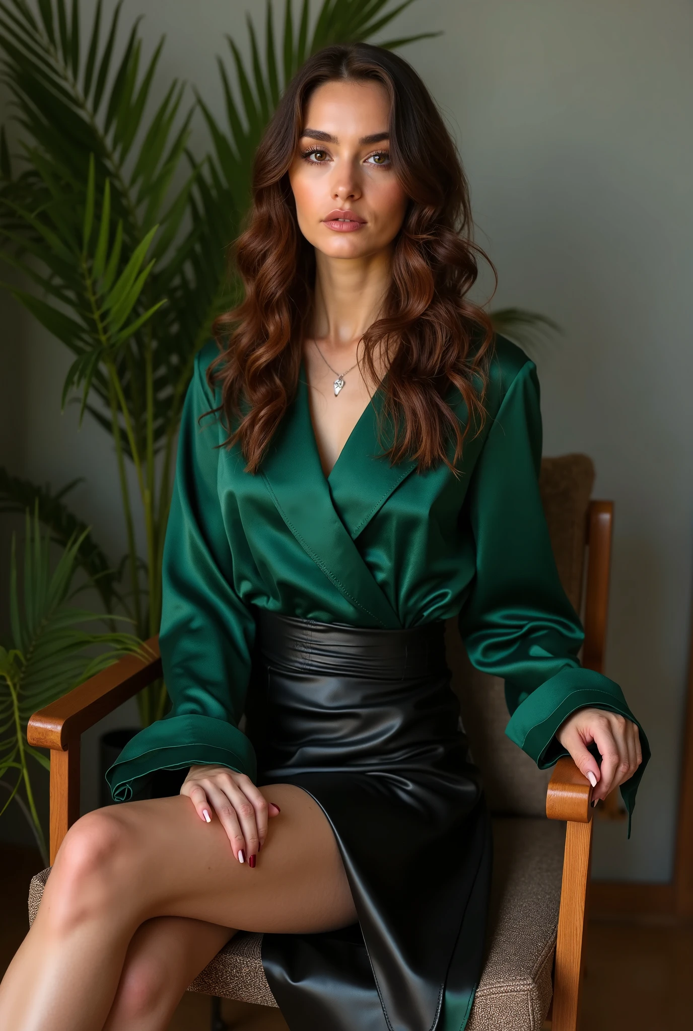 young brunette woman, beautiful brown eyes. long brown hair. Long V-neck T-shirt made of shiny dark green satin and long tight white pants, 项链, transparent lip gloss, narrow building, Pretty, 2, Full body photo, long legs, Satin top, dancing at a party, looks stunning. is enthusiastic. In the background are wedding guests