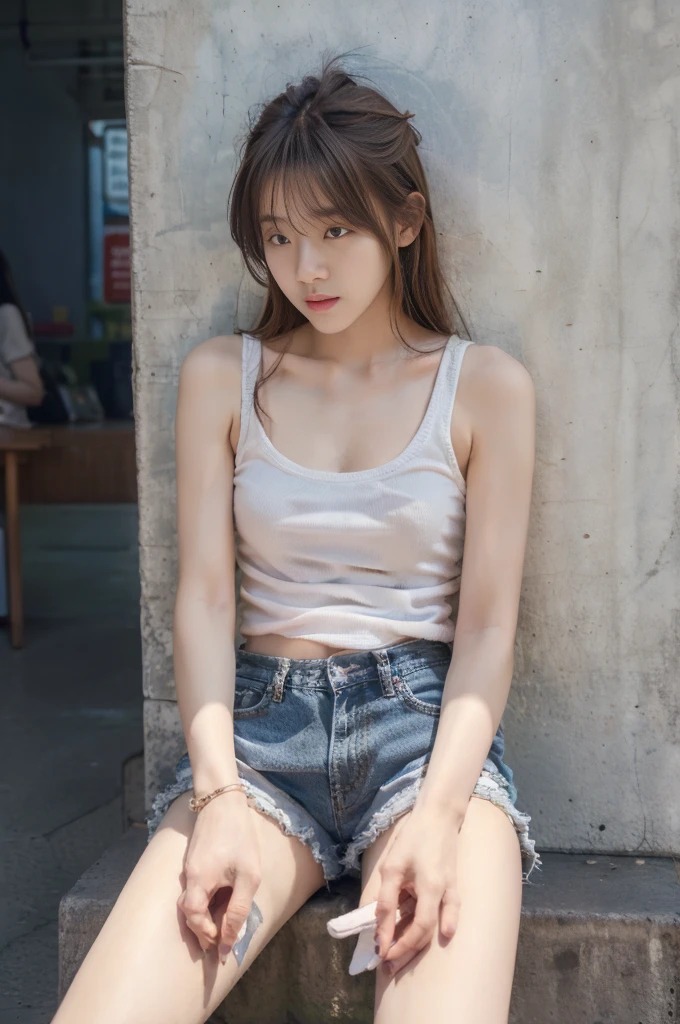 camisole、(White wall as background、Some of her hair is mint green:1.4)、White wall、In front of a white door、(A room with a white wall and a window)、((Highest quality、8k、masterpiece:1.3))、Ultra-high resolution、(photoGenuineistic:1.4)、RAW Photos、Japanese,(Detailed aspect)、Genuine、Photographed in natural light、Highly detailed face and skin texture、Highly detailed lips、The correct state of the human body、Bob Hair、Black Hair、Various poses、Natural color lip、(((one person:2.0)))