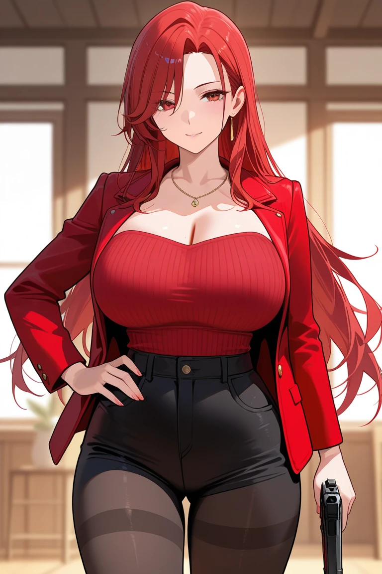 A tall beautiful cool woman with a big chest, long wavy red hair, her round red eye shines with a big black eyelash, she wears a red shirt, a vest, a metallic black bra, shows her navel and long navy blue pants.