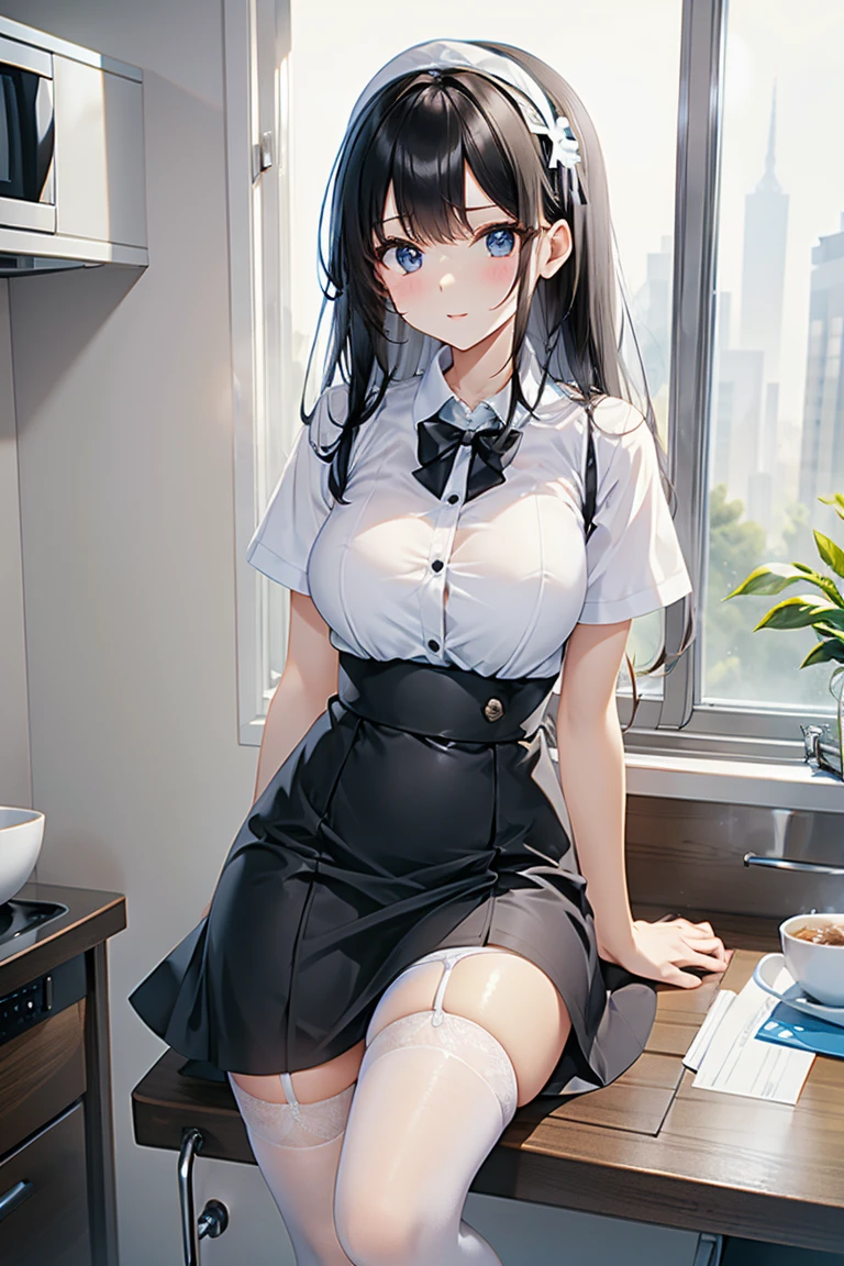 ((, masterpiece, best quality)), ((super high resolution)), (photo realistic), best shadow, (sharp sketch, illustration:1.2), high detail, very detailed, (nice hands, perfect hands), (POV, face focus:1.4), ((1girl)), beautiful girl, 18 years old, blue eyes, (black straight long hair:1.5), (normal breasts:1.1), glossy skin, ((view from front:1.5)), (very slender:1.3), (beautiful adolt face:1.3), famous idol, thin lips, detailed facial features, facial and skin texture, Crisp focus, perfect beautiful body and face, beautiful face, perfectly in focus, long bangs, (in the cafe:1.3), all body, (smile:1.1), ((sitting:1.5)), (white blouse and black mini skirt:1.5), hair between eyes, cross legs