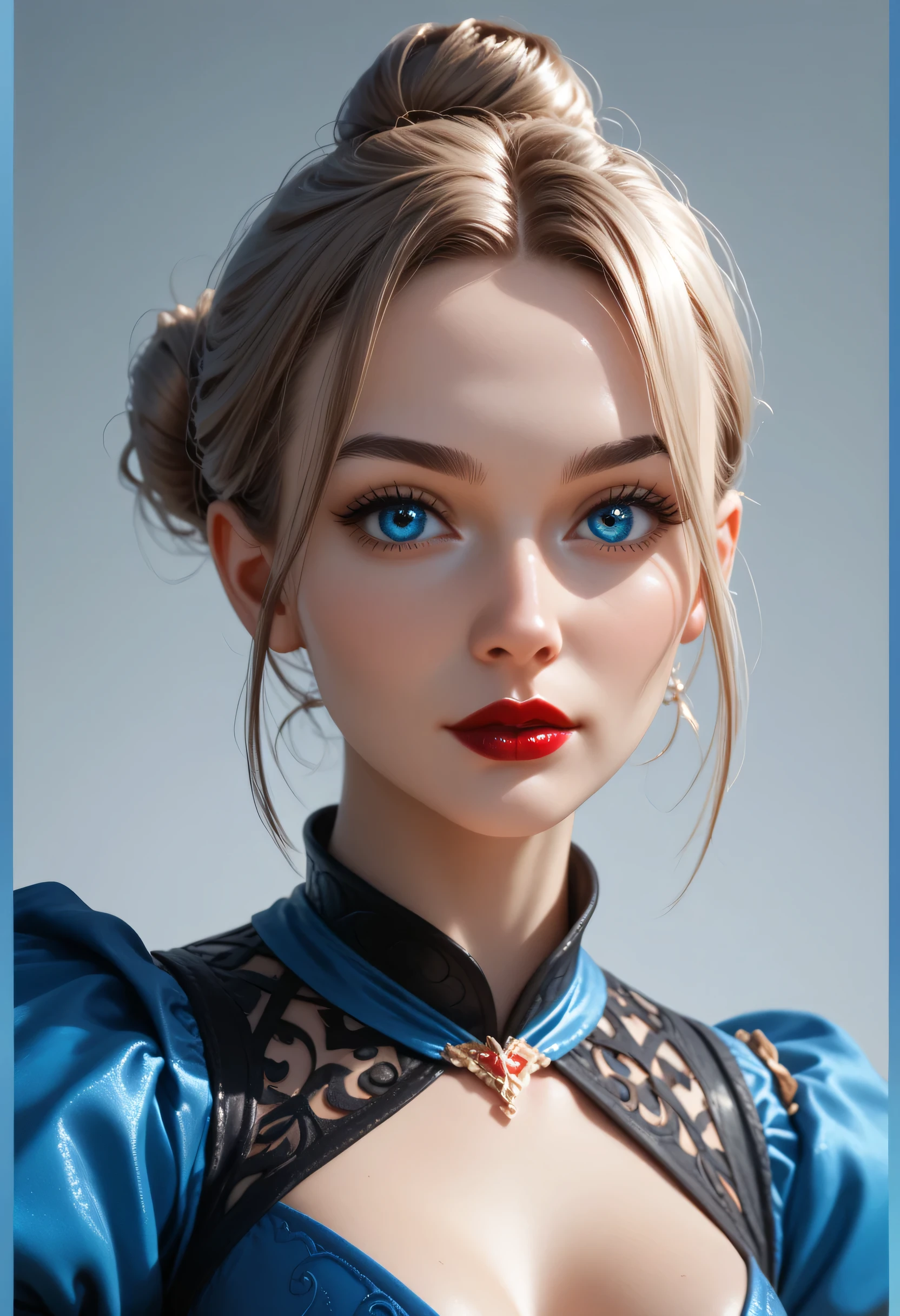 simple background, perfect face, (hair bun, bright silve hair), (forehead), black thin eyebrows, (big glowing blue eyes), thick red lipstick, beautiful woman, fantasy medieval clothes, medium breasts, (pov), (looking at viewer)