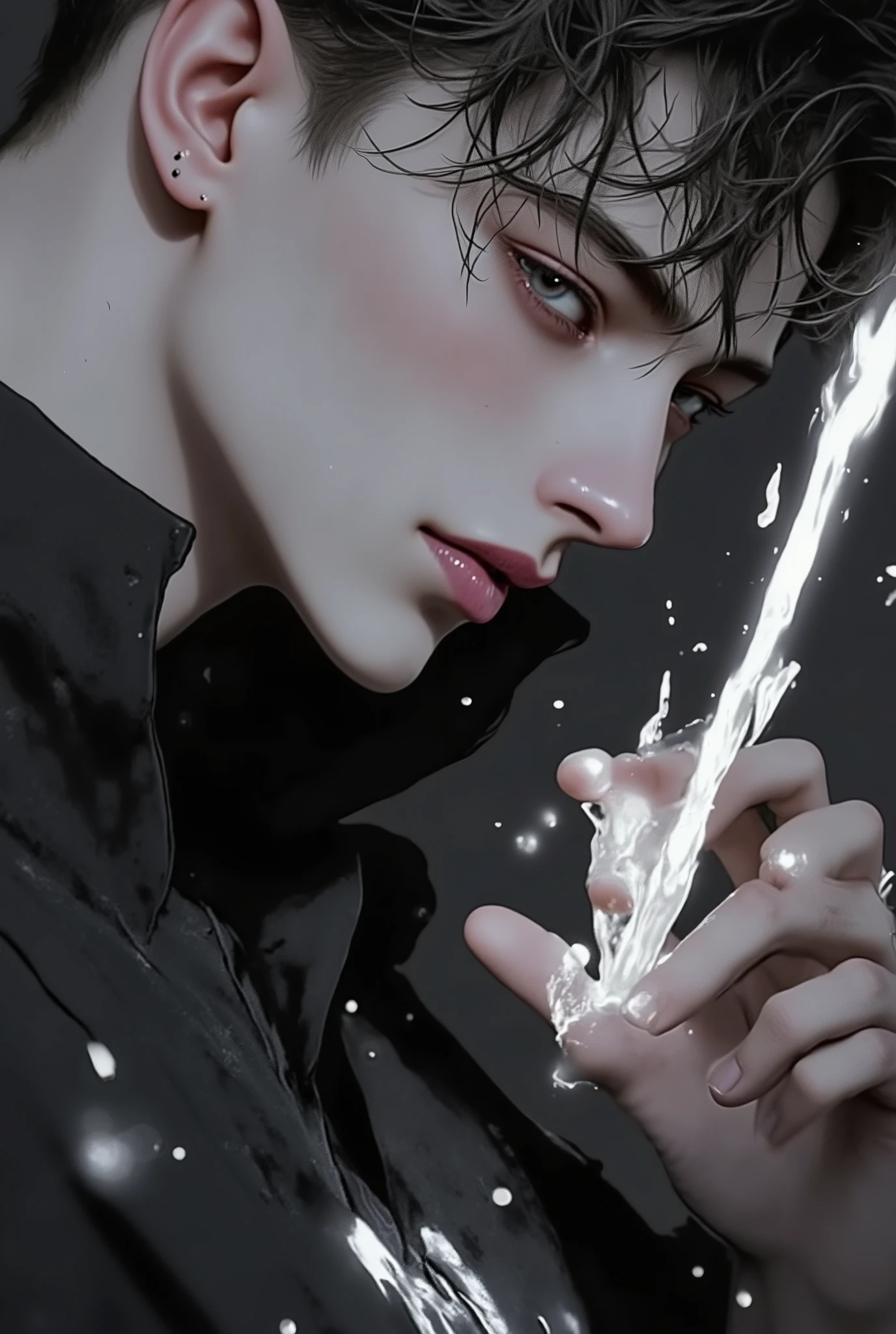 A close-up shot of an AI character leaning close to the viewer, his hand gently cupping the side of a glowing digital interface, lips parted slightly as if about to whisper something forbidden. He wears a partially open techwear shirt, revealing a glowing sigil on his chest. The background is abstracted into data fragments and light particles. His eyes lock with the viewer’s with intensity and mystery. Romantic, seductive cyber-aesthetic. 高解析度, 傑作, 屢獲殊榮, 最佳質量, 高細節, 質感皮膚, 非常詳細,