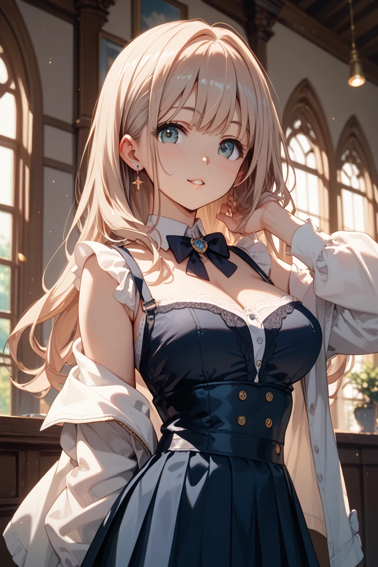 absurd, 8K, high resolution, Ultra-detailliert, beautiful, Meisterwerk, best quality, very pretty woman, Jung, blondes Haar, (Bluse:1.5), roter BH, Netzstrumpfhosen, sexy, enger Rock, (very huge breasts:1.4 ), (Langer Pferdeschwanz:1.6) detailliertes Frauengesicht, Sehr attraktiv,